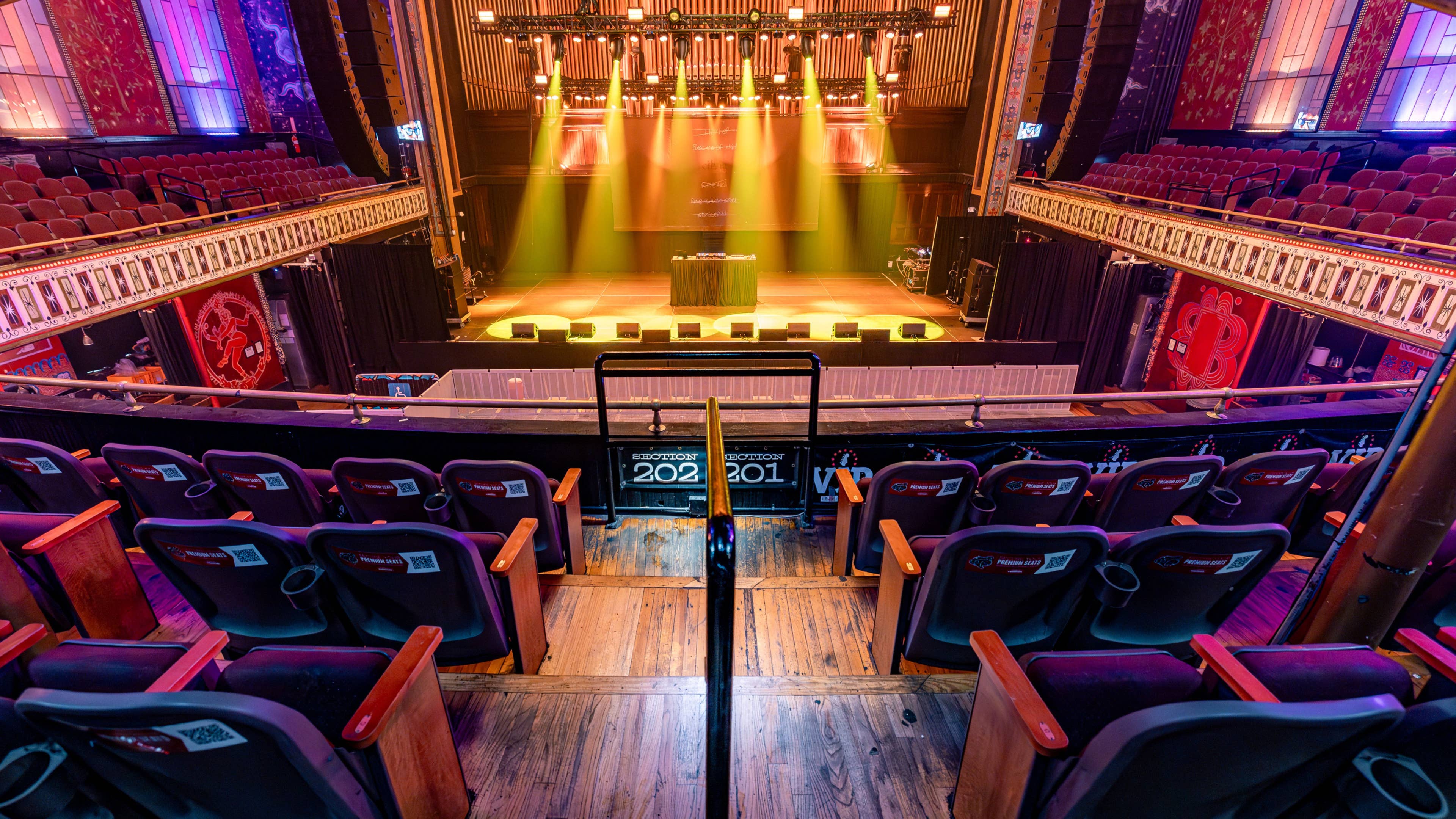 A view of the stage from the Premium Seating section in the balcony at the Tabernacle