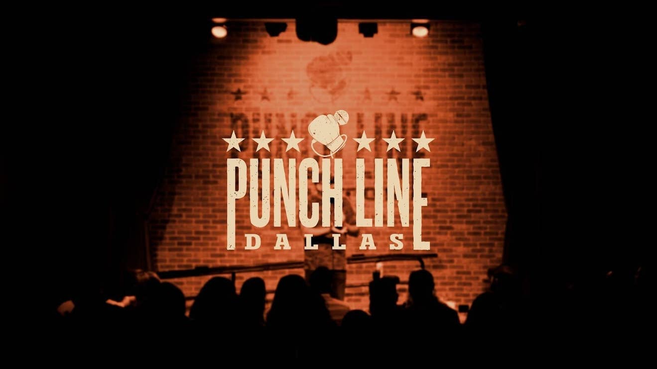 A crowd facing the Punch Line stage with a brick background and spotlight. A punch line dallas logo overlay