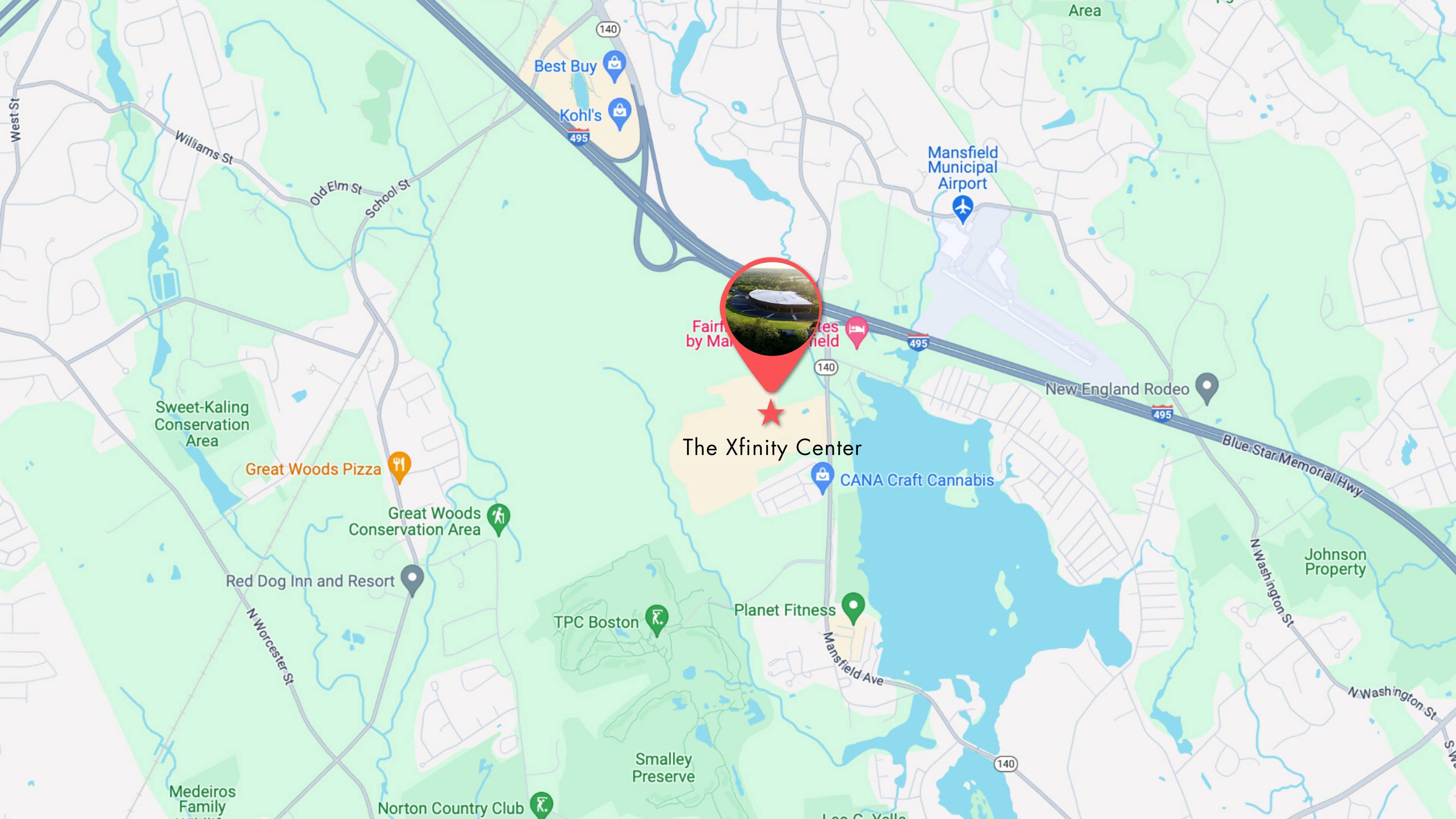 A map of the surrounding areas of Xfinity Center with a pin indicating the location of the venue