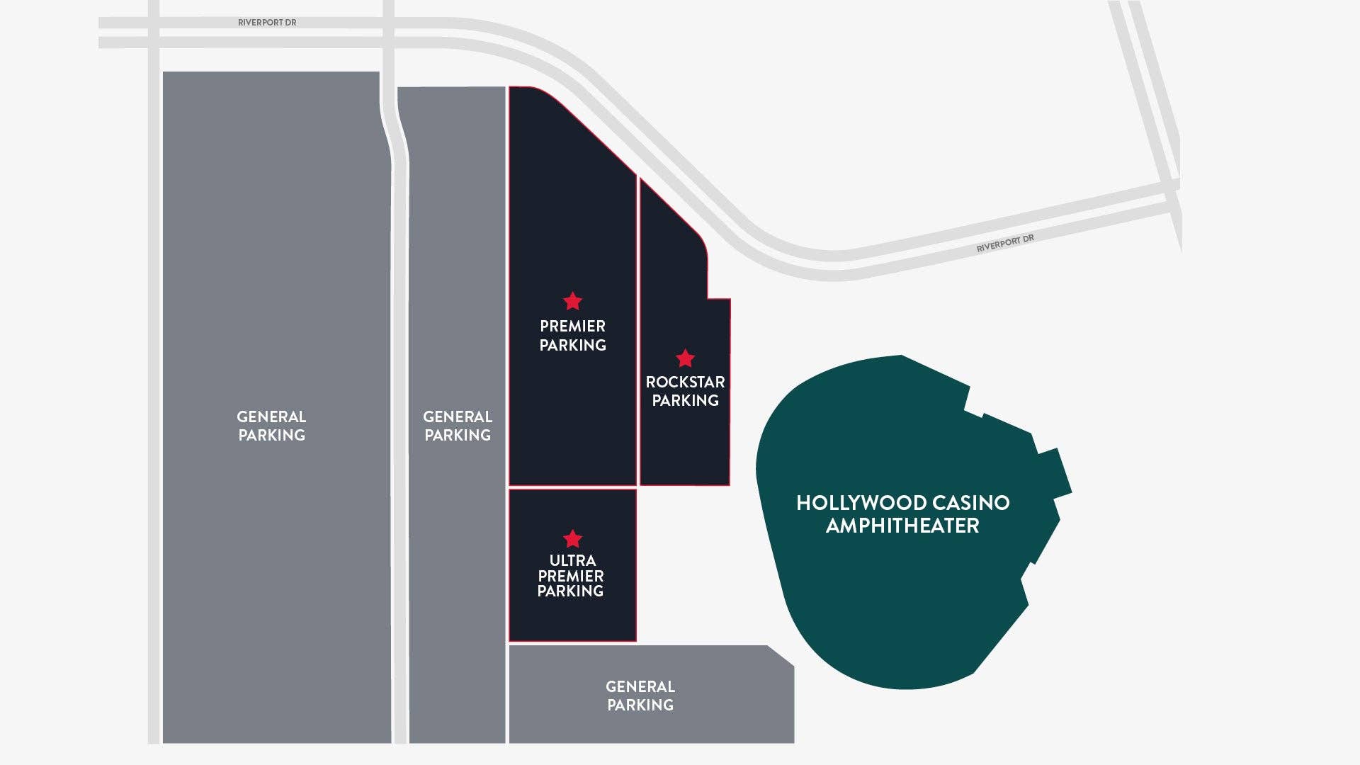 A map shows the locations of various parking options at Hollywood Casino Amphitheater.