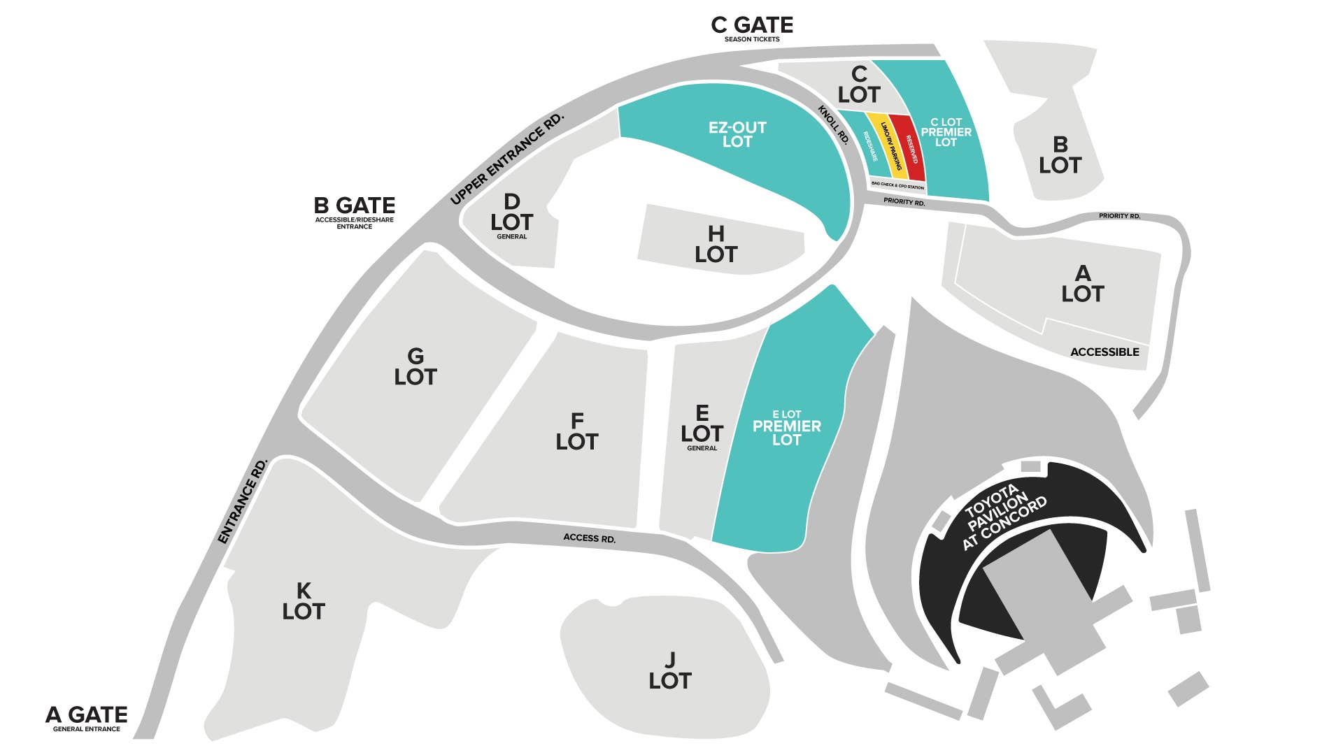 A parking map showing all the parking lots at Toyota Pavilion at Concord