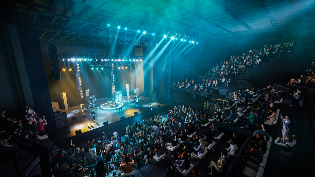 A rendering shows the interior of Landmark Credit Union Live full of people watching a concert performance.
