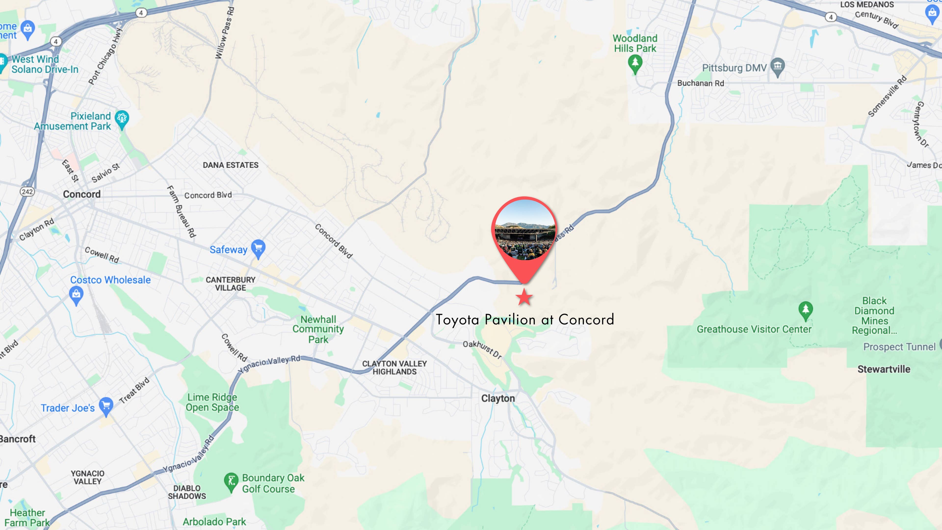 Map of Concord area with star marking Toyota Pavilion at Concord location