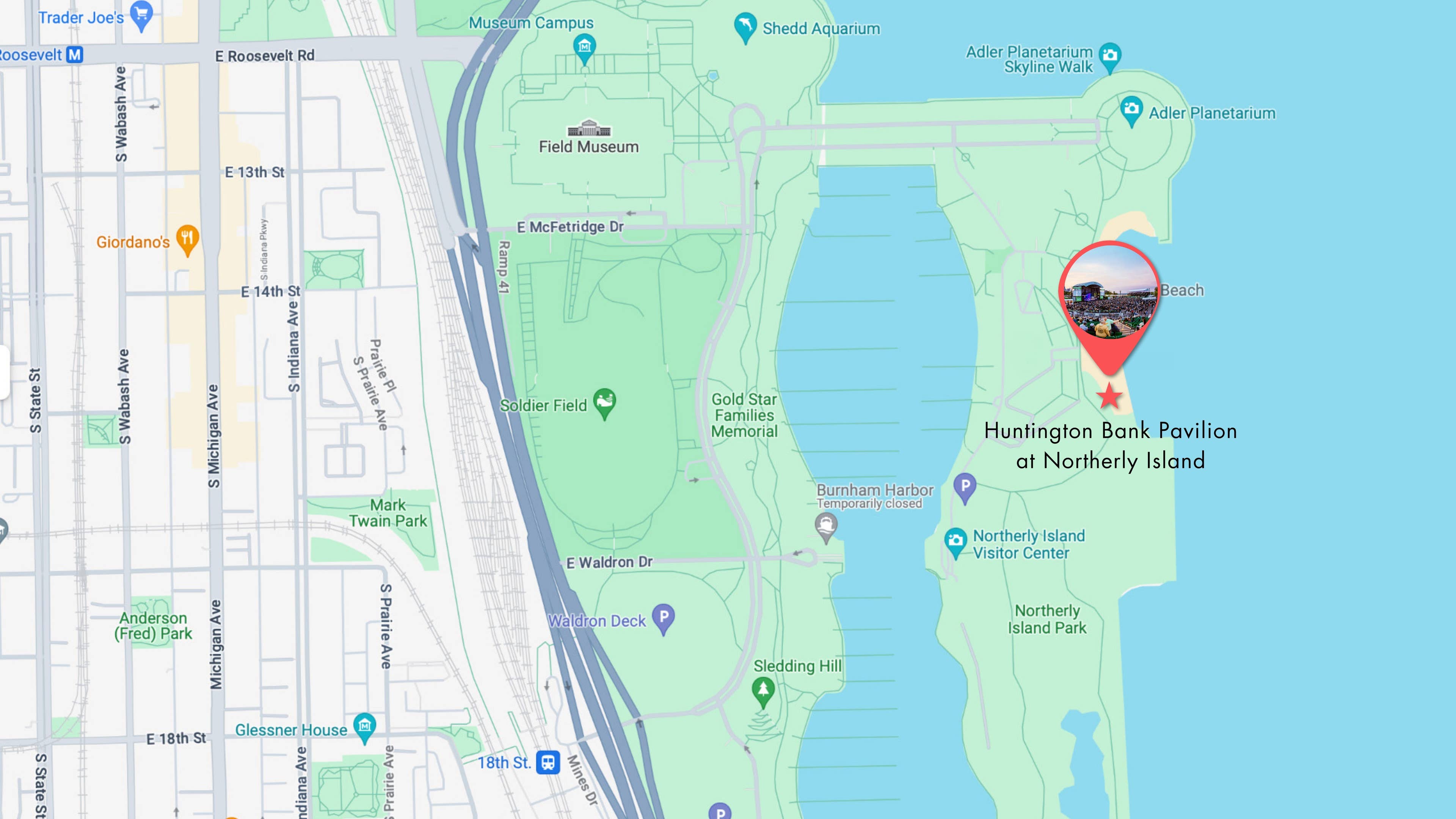 A map of the Huntington Bank Pavilion, Northerly Island, and surrounding area in downtown Chicago.