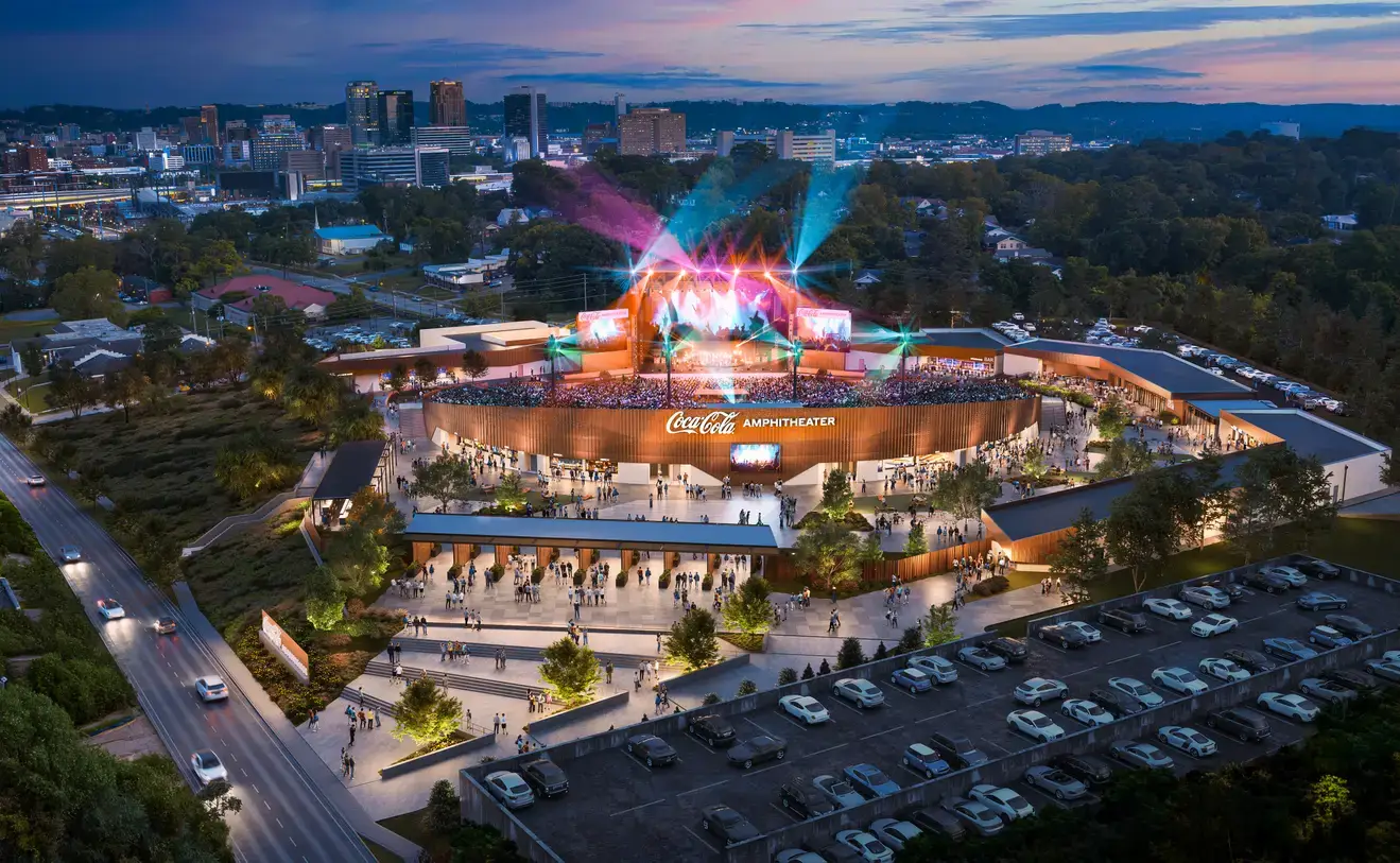 Aerial view of downtown Birmingham witht the entrance to Coca-Cola Amp
