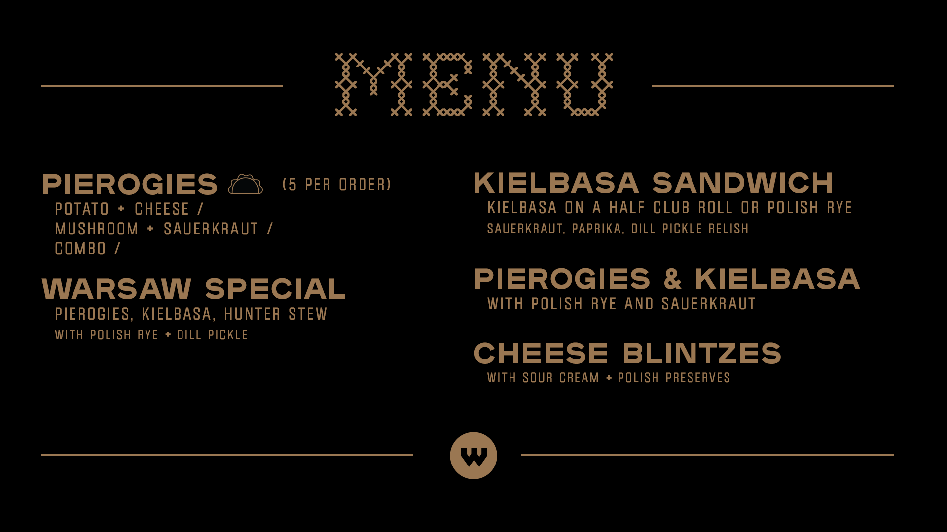 a graphic of Warsaw's food menu offering Pierogies, Kielbasa Sandwhich, and Cheese Blintzes