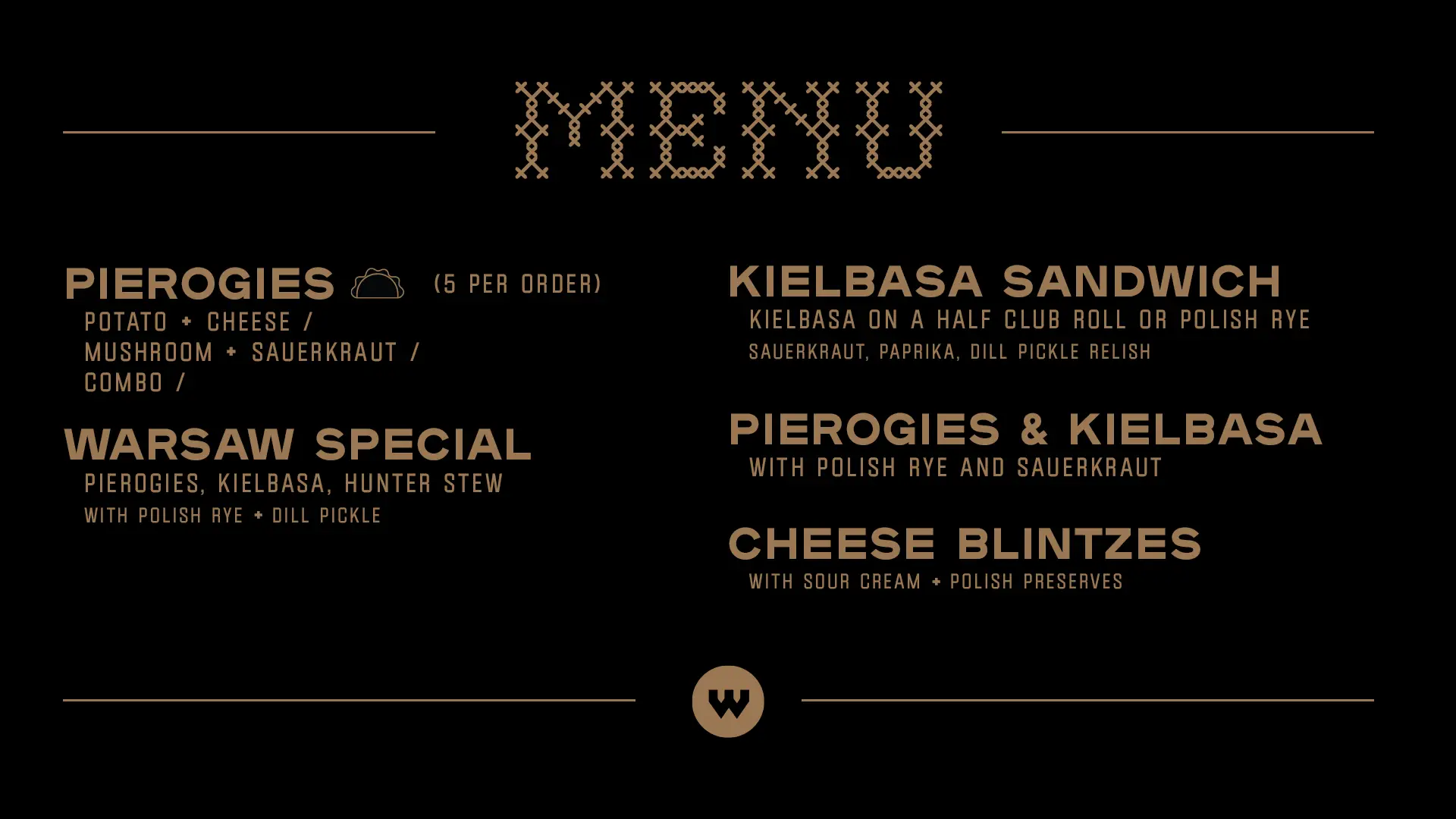 a graphic of Warsaw's food menu offering Pierogies, Kielbasa Sandwhich, and Cheese Blintzes