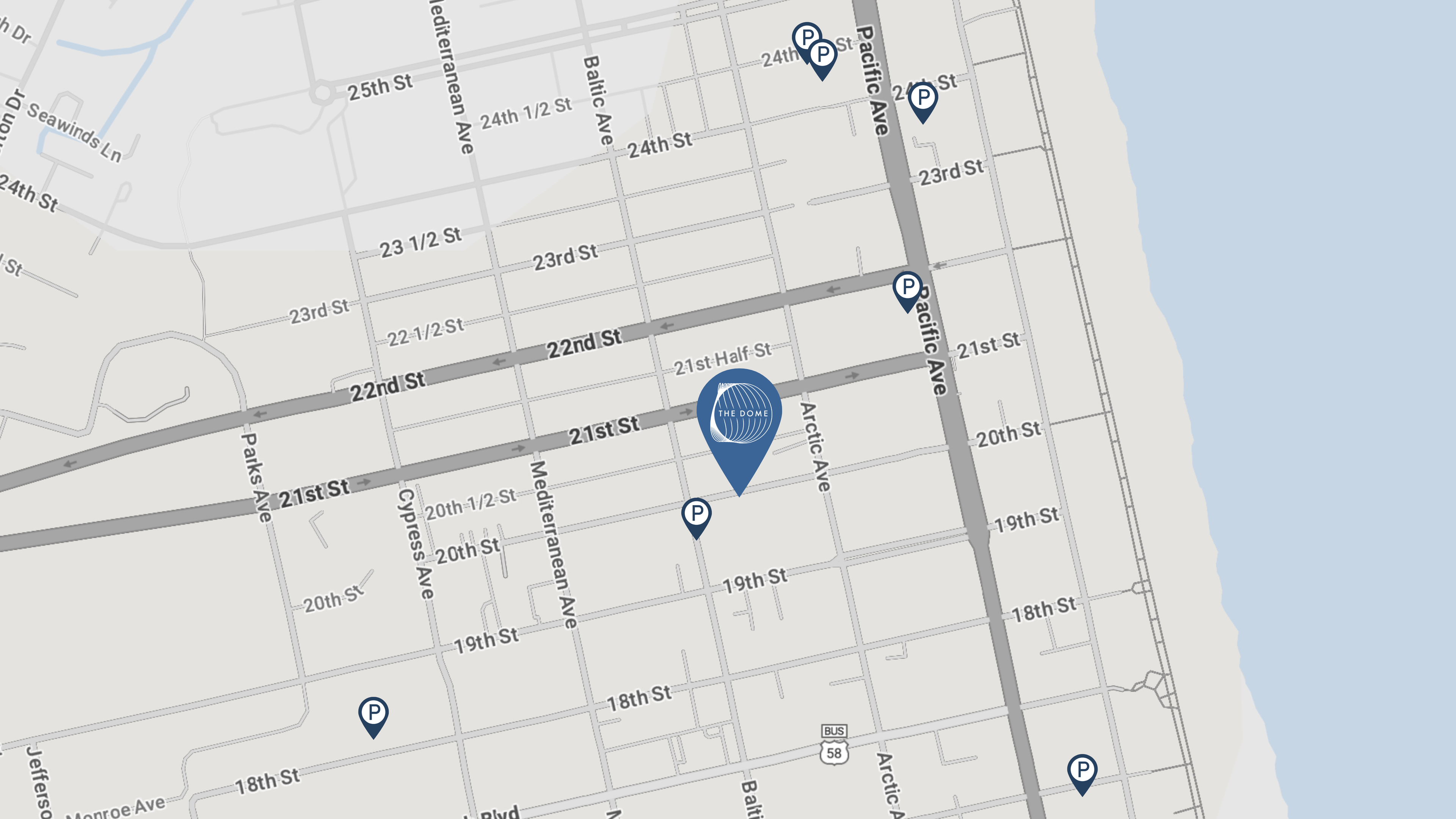 A map of roads surrounding The Dome venue. A pin on the map indicating the venue's location, plus smaller pins locating surrounding parking. 