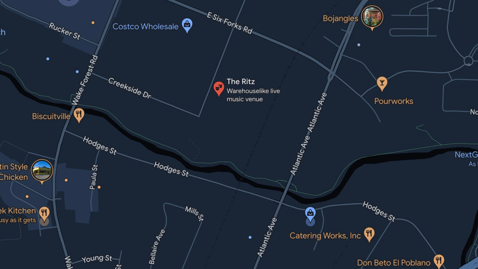 A map of The Ritz Raleigh showing surrounding streets