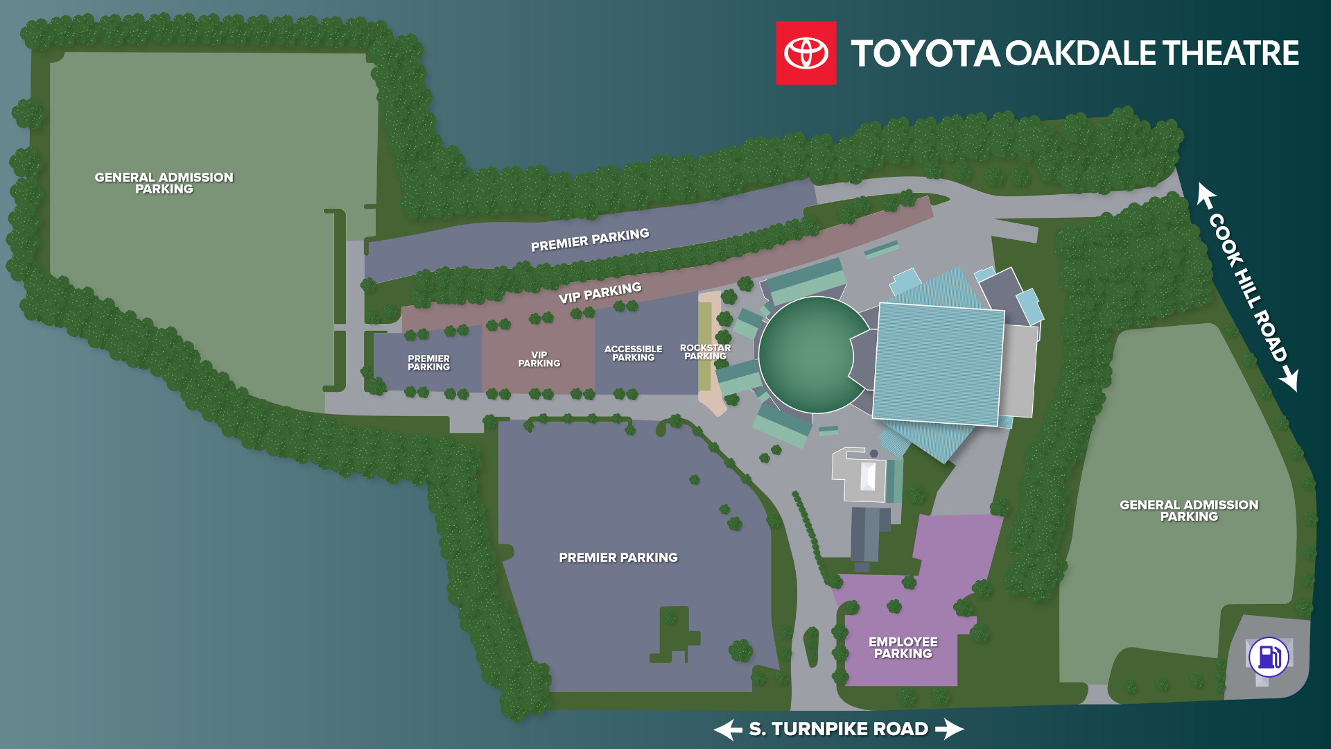 A parking map at Oakdale Theatre indicating general, premier, Rockstar, ADA, VIP, and general admission parking