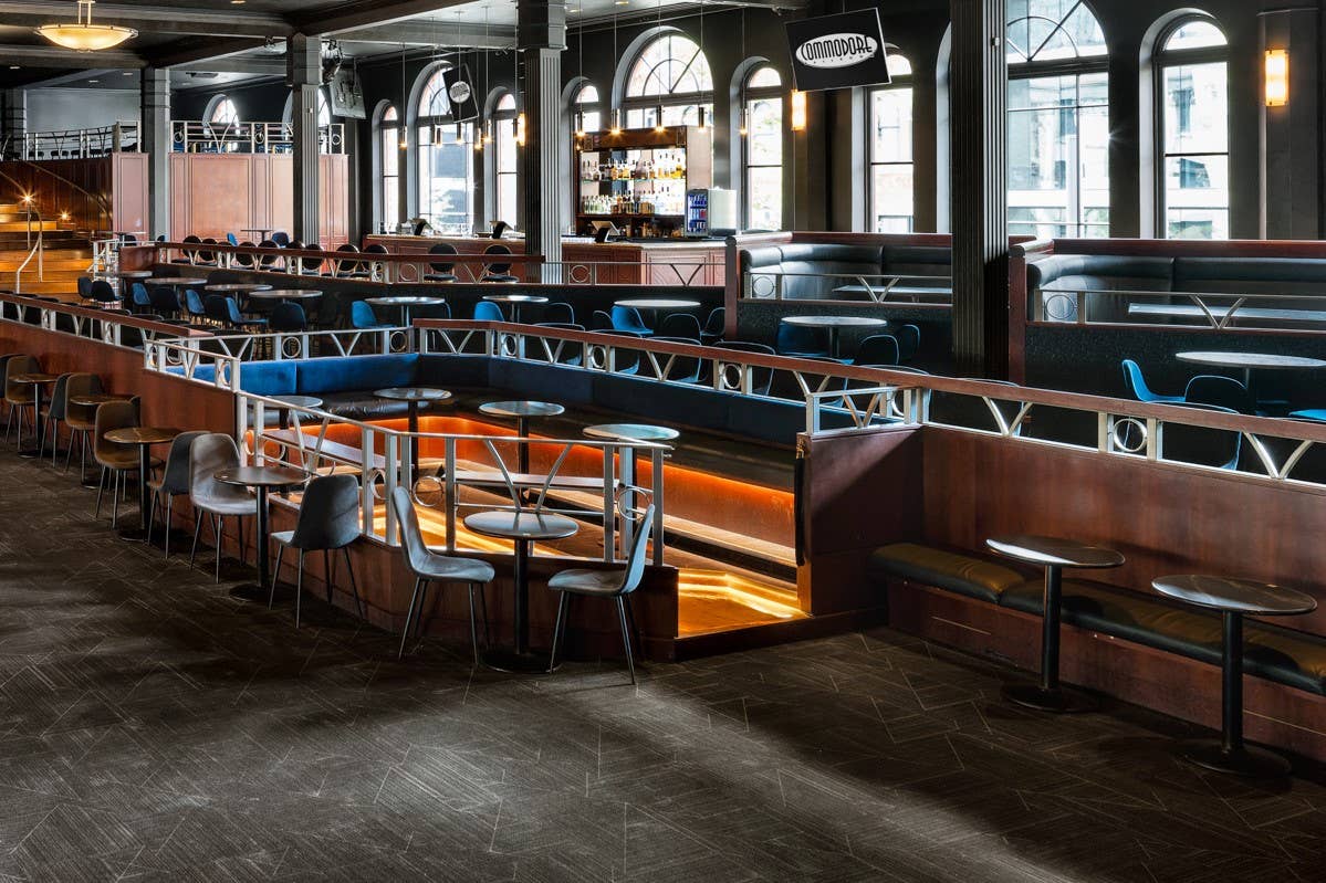 view of commodore ballroom's seating with a private booth in the centre