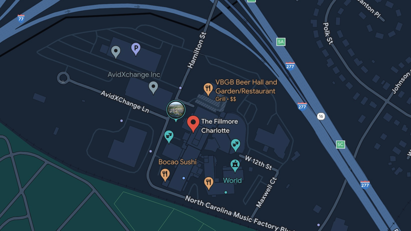 A google map showing where The Fillmore Charlotte is located.