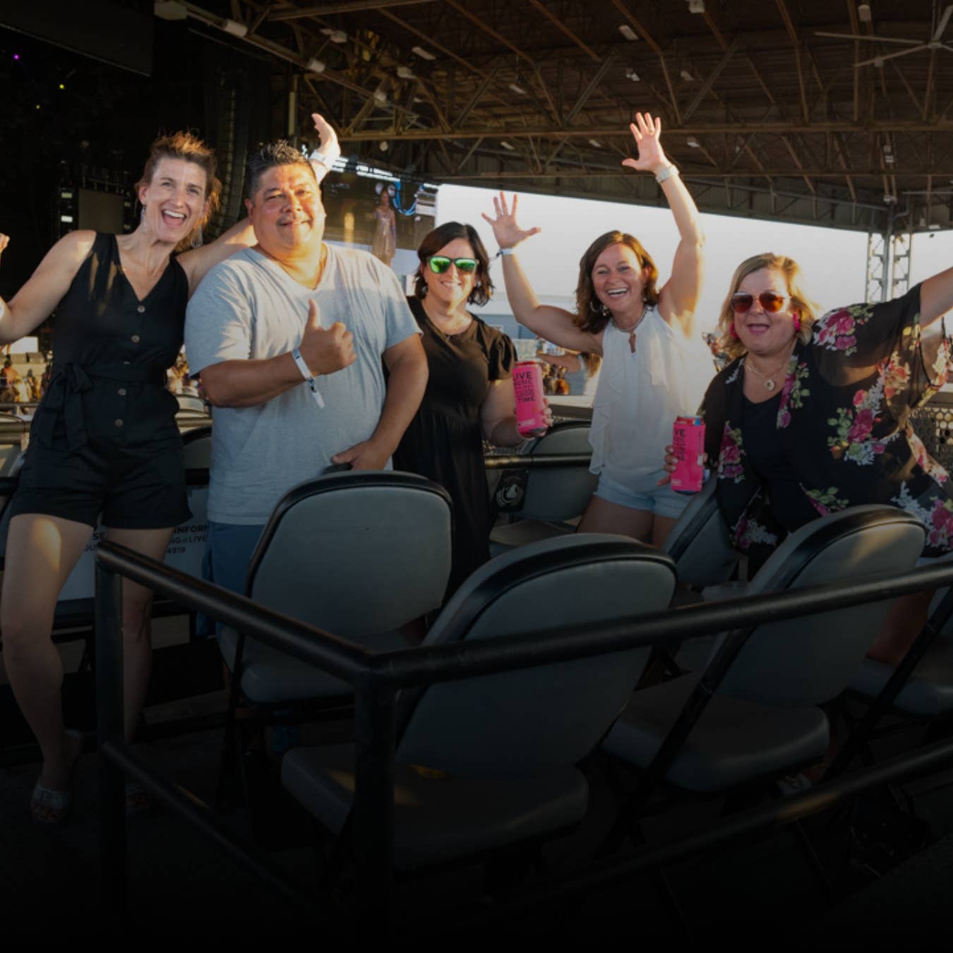 A group of five fans smiles at the camera in the VIP seats at Hollywood Casino Amphitheater.
