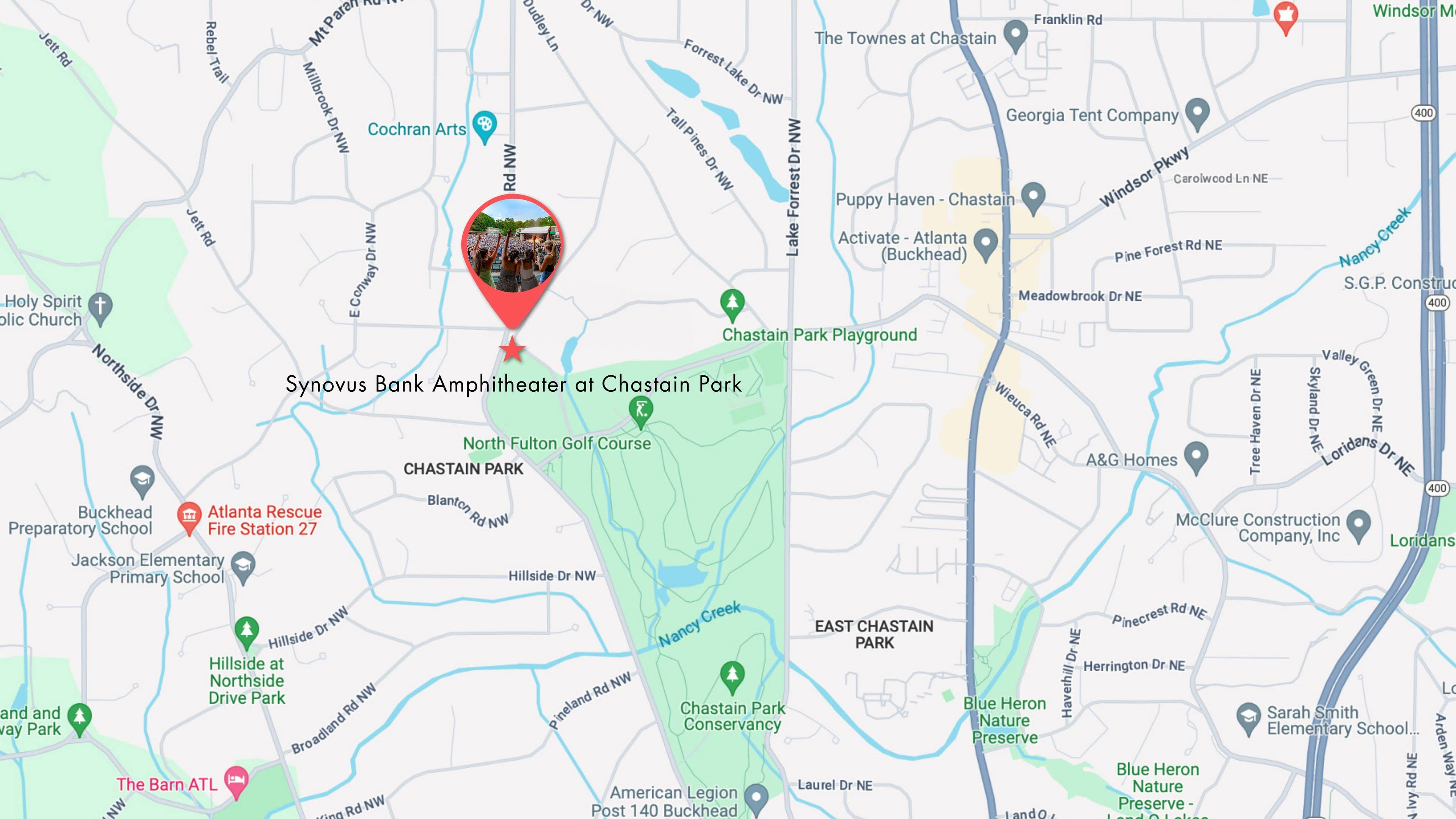 An image of a map showing the location of Synovus Bank Amphitheater at Chastain Park.