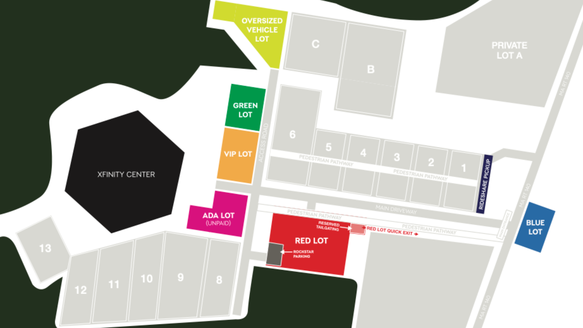 A parking map indicating locations of the general parking, ADA lot, VIP lot, Green lot and the oversized vehicle lot