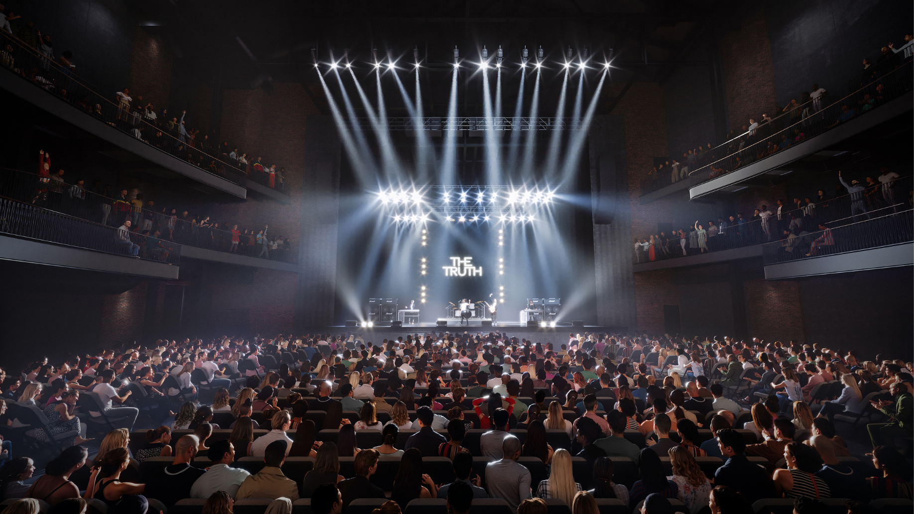 A rendering of the music hall at The Truth with a full crowd, bright lights, and band playing on stage.