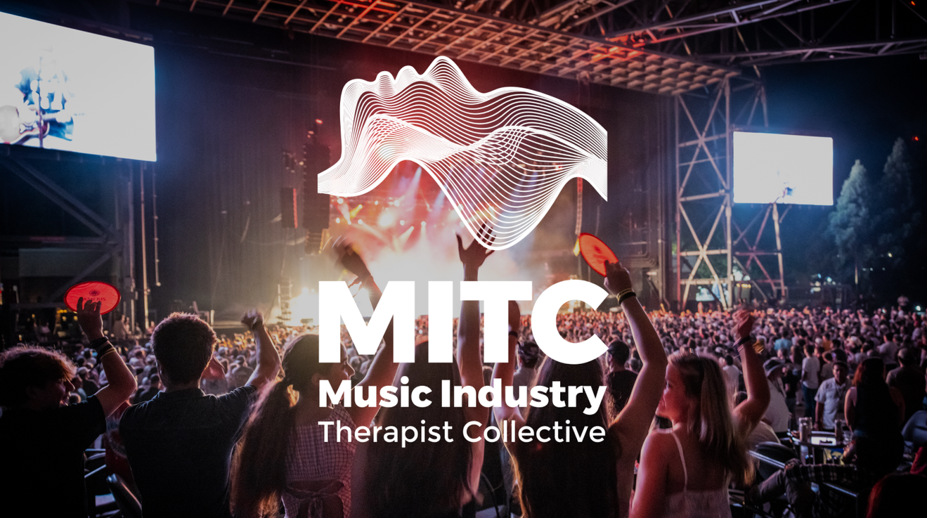 A concert photo featuring the Music Industry Therapist Collective branding with a neon-style graphic