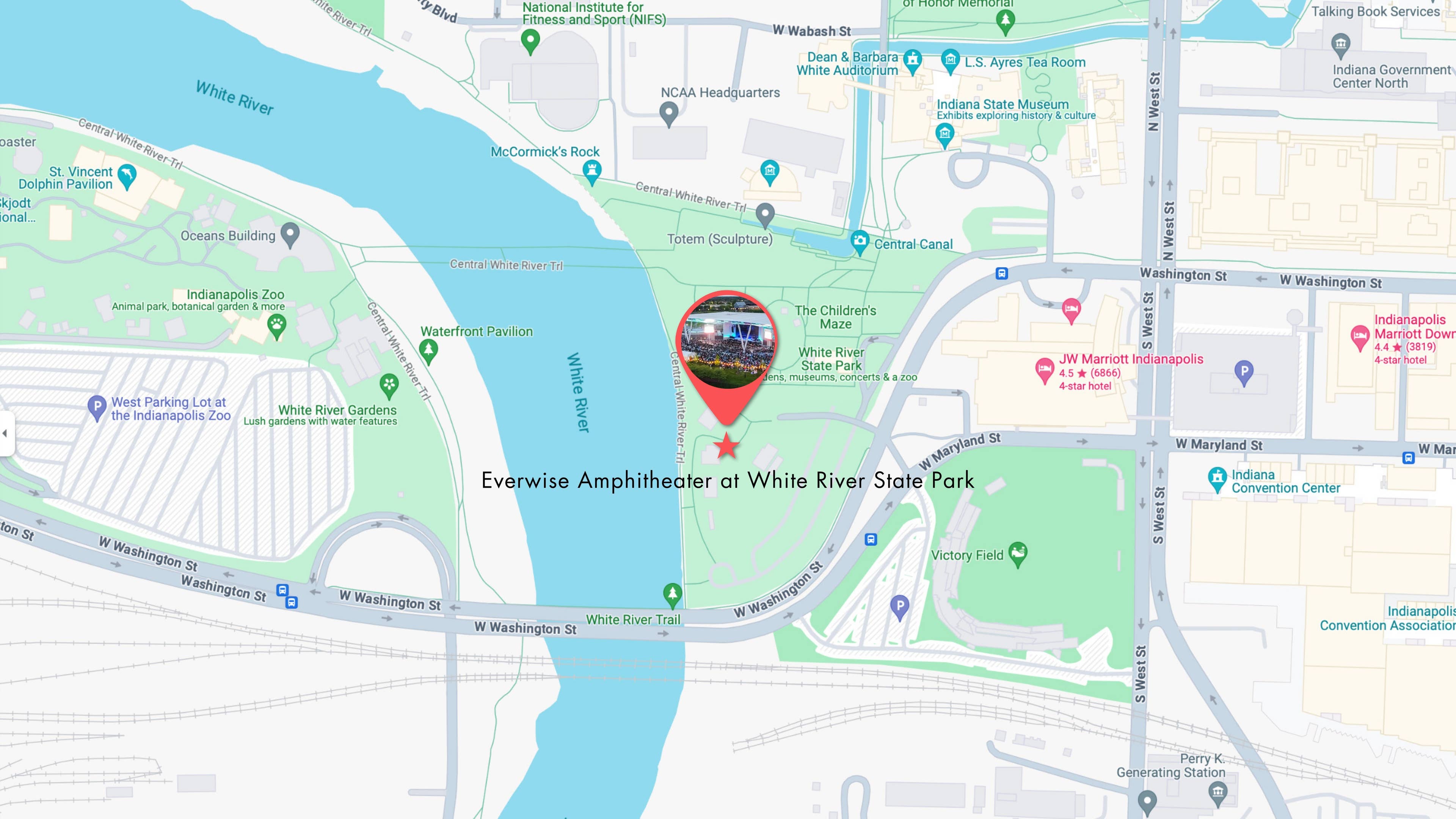 A map surrounding the streets and a pin at Everwise Amphitheater at White River State Park