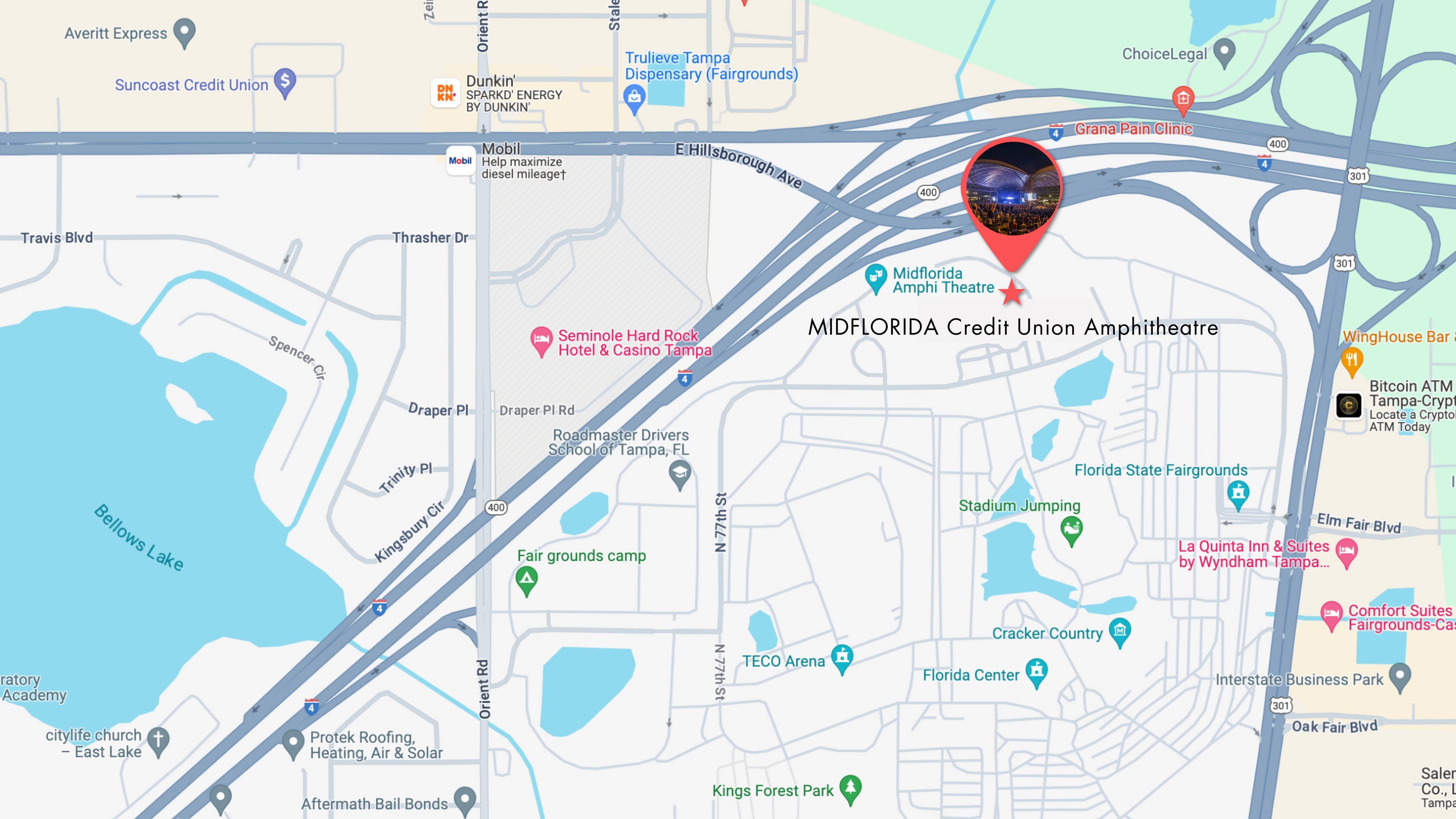 A map showing the streets surrounding MIDFLORIDA Credit Union Amphitheatre with an indicator pinpointing the exact location of the amphitheatre.