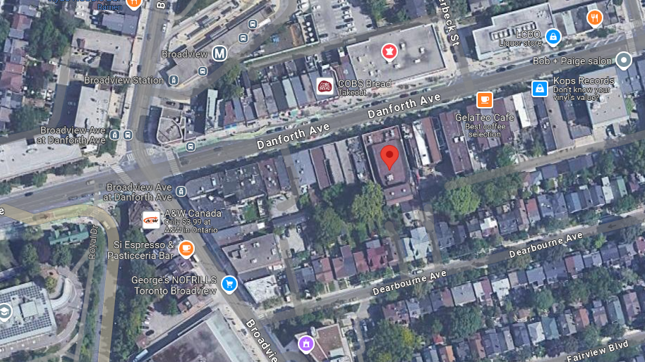 Aerial map of the area surrounding the Danforth Music Hall in Toronto