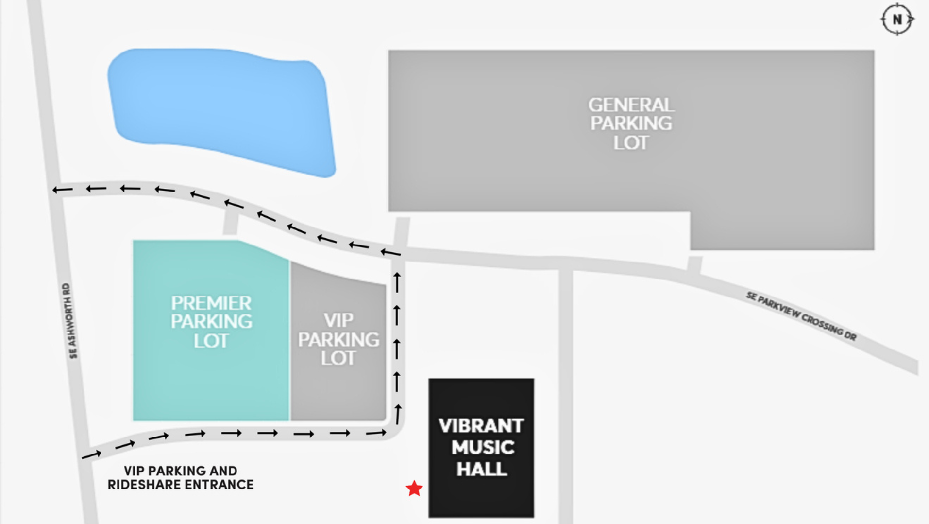 Map of the Vibrant Music Hall Parking lots. Featuring the Premier Parking Lot, The Venue, The General Lot, and more.