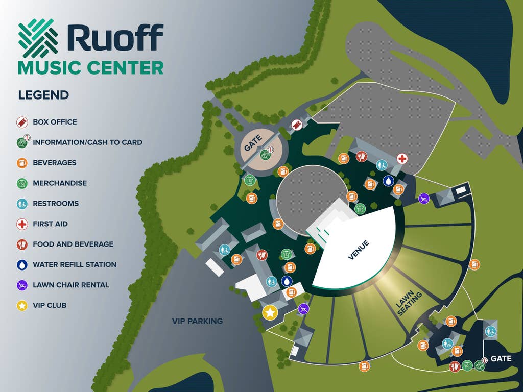 An illustrative map of Ruoff Music Center with icons indicating box office, information, beverages, merch, restrooms, first aid, food, water refill station, lawn chair rentals, and the VIP Club