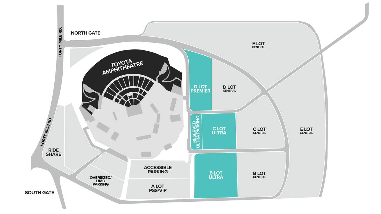 Parking map of Toyota Amphitheatre showing all the different parking lots at the venue