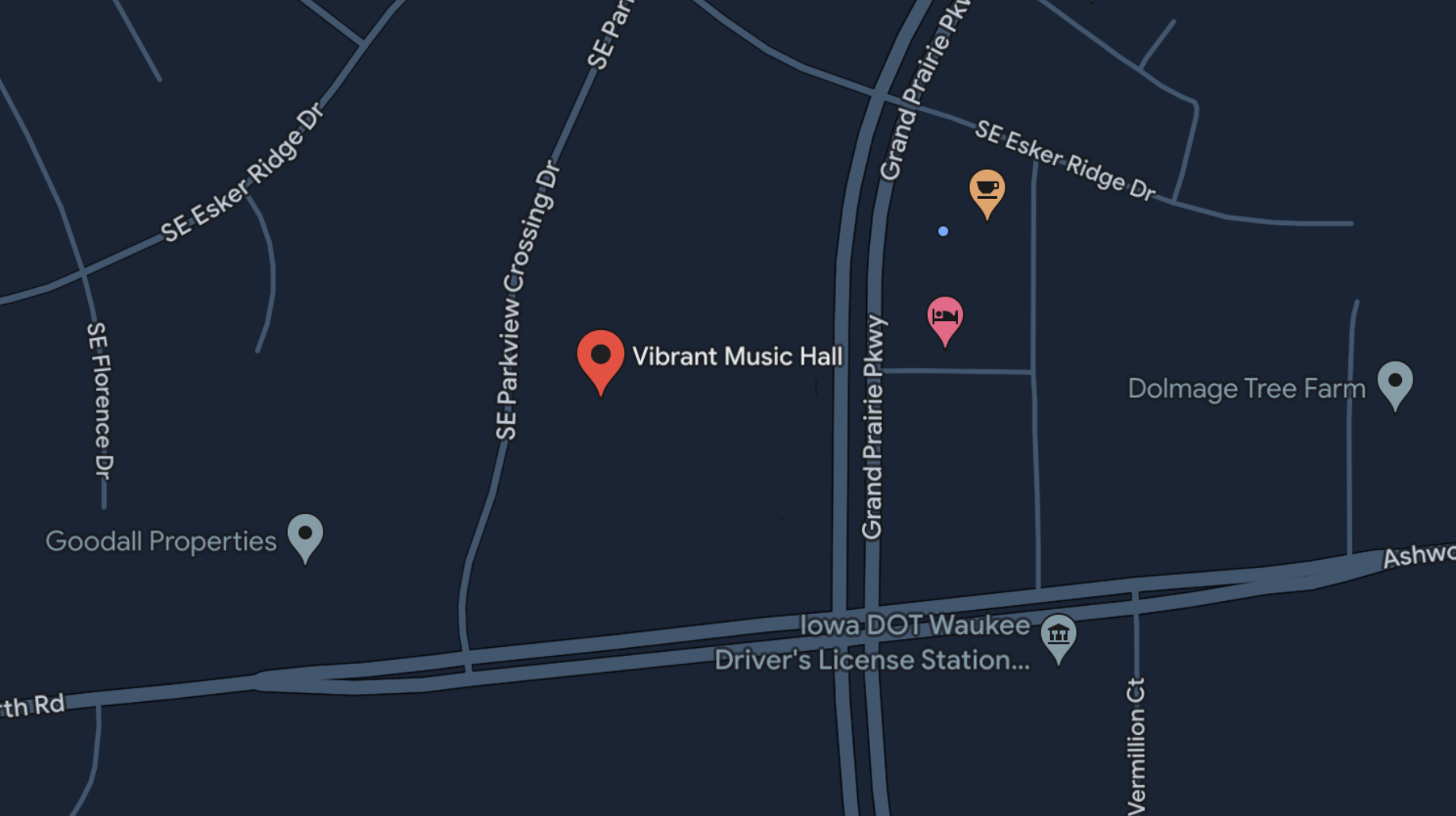 Map of the location of Vibrant Music Hall and the surrounding area.