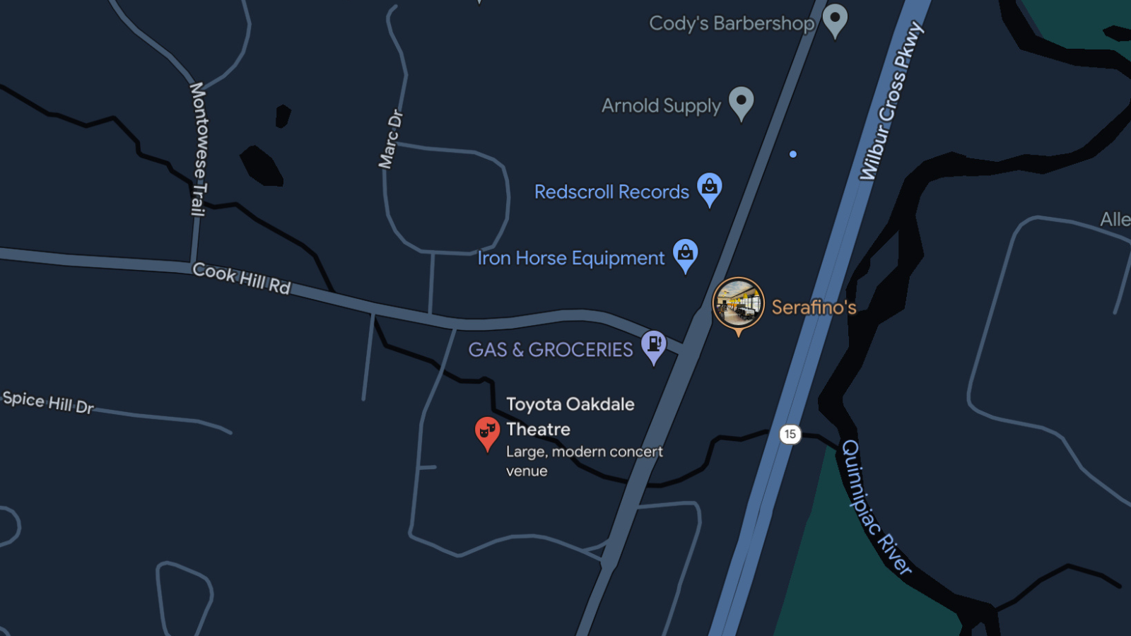 A map of the roads around Oakdale Theatre with a pin on Oakdale Theatre