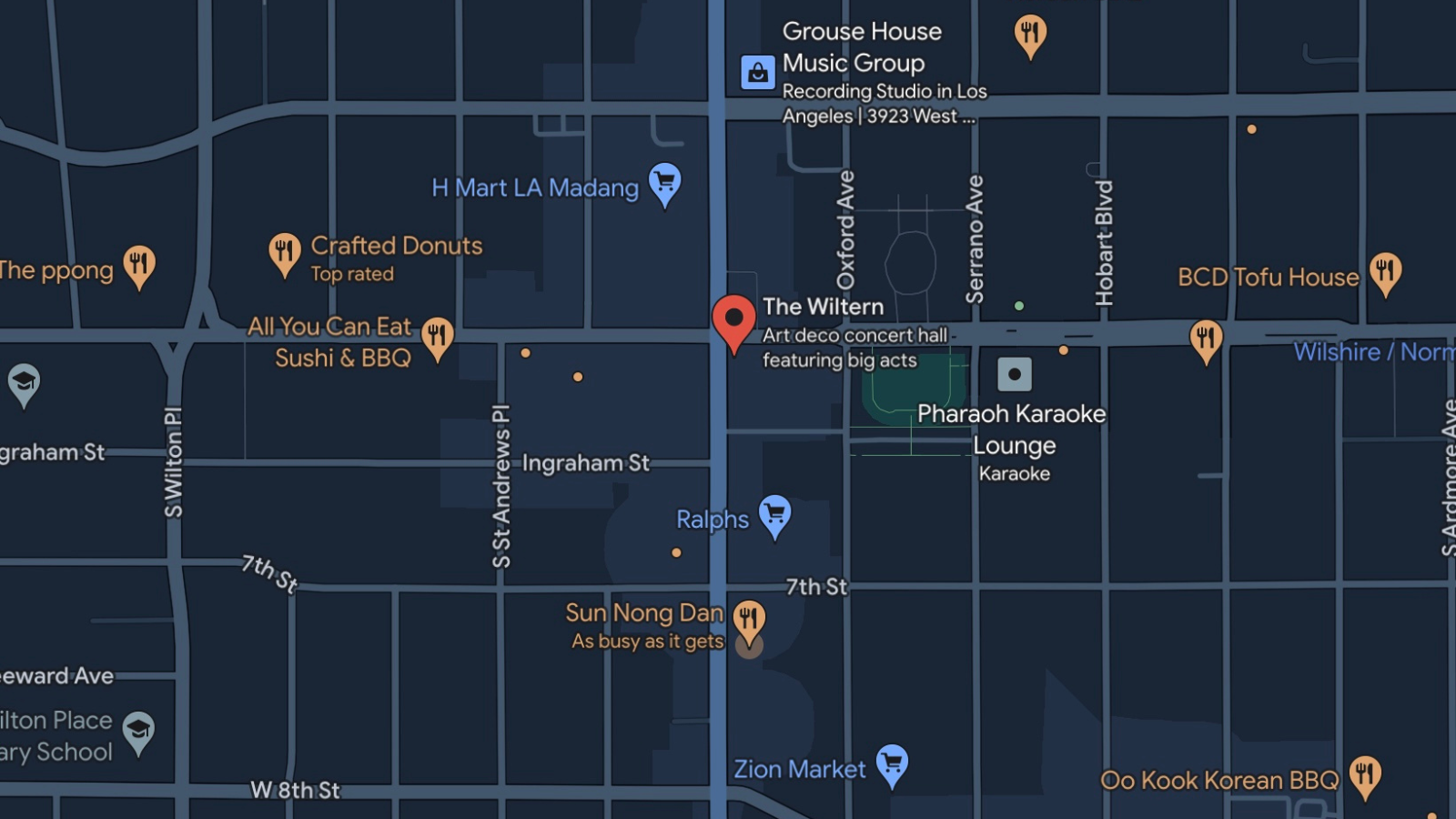 Map showing the location of The Wiltern, a noted concert hall in Los Angeles, surrounded by various other points of interest such as restaurants and stores.