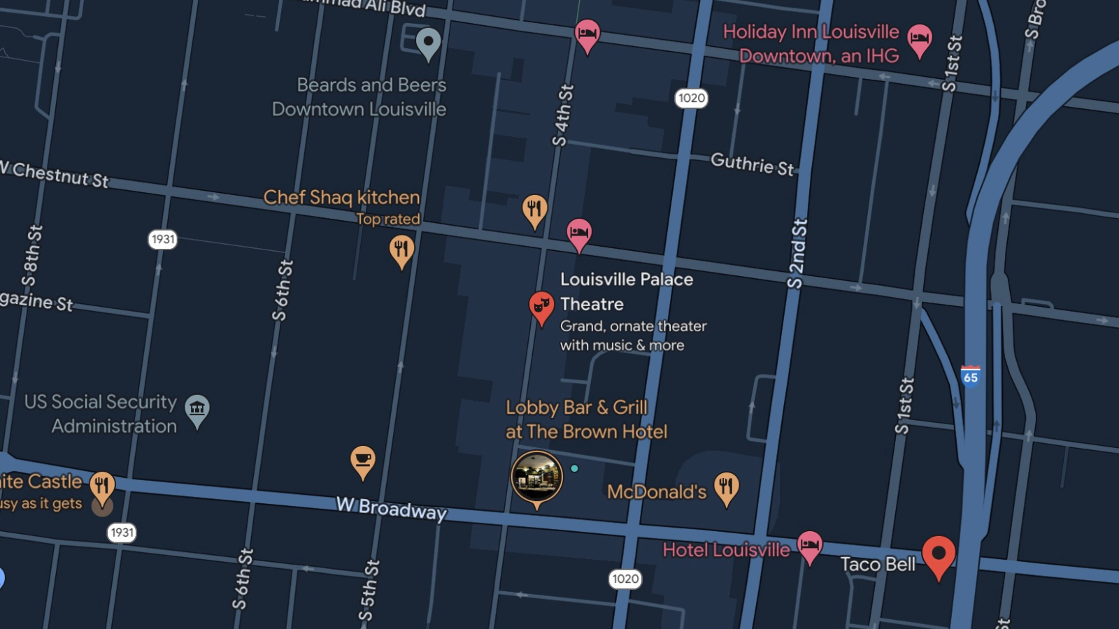 A map surrounding streets and pin indicating the location of The Louisville Palace.