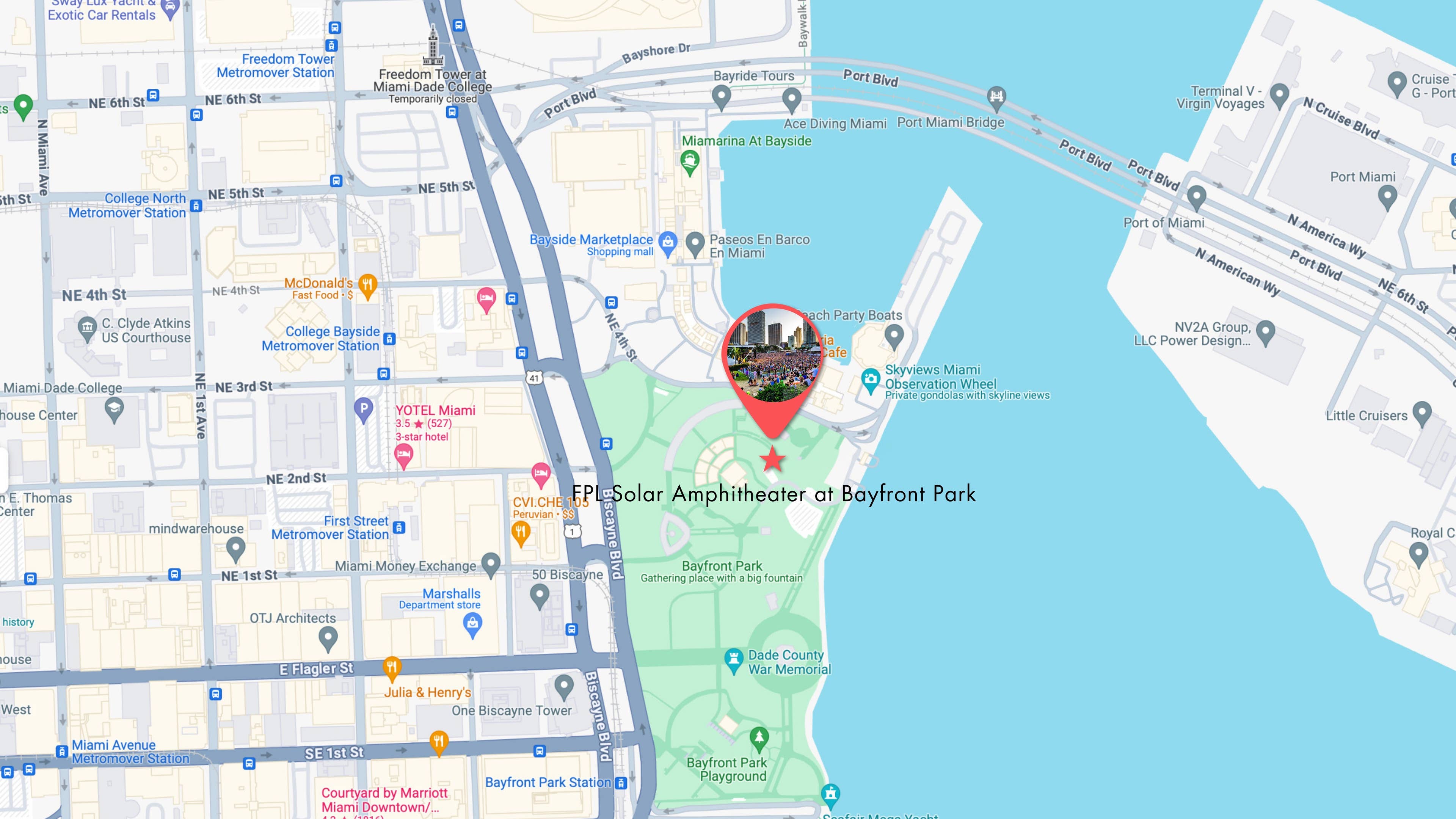 Map showing the location of FPL Solar Amphitheater at Bayfront Park in downtown Miami, highlighted with a red location pin near Biscayne Bay.
