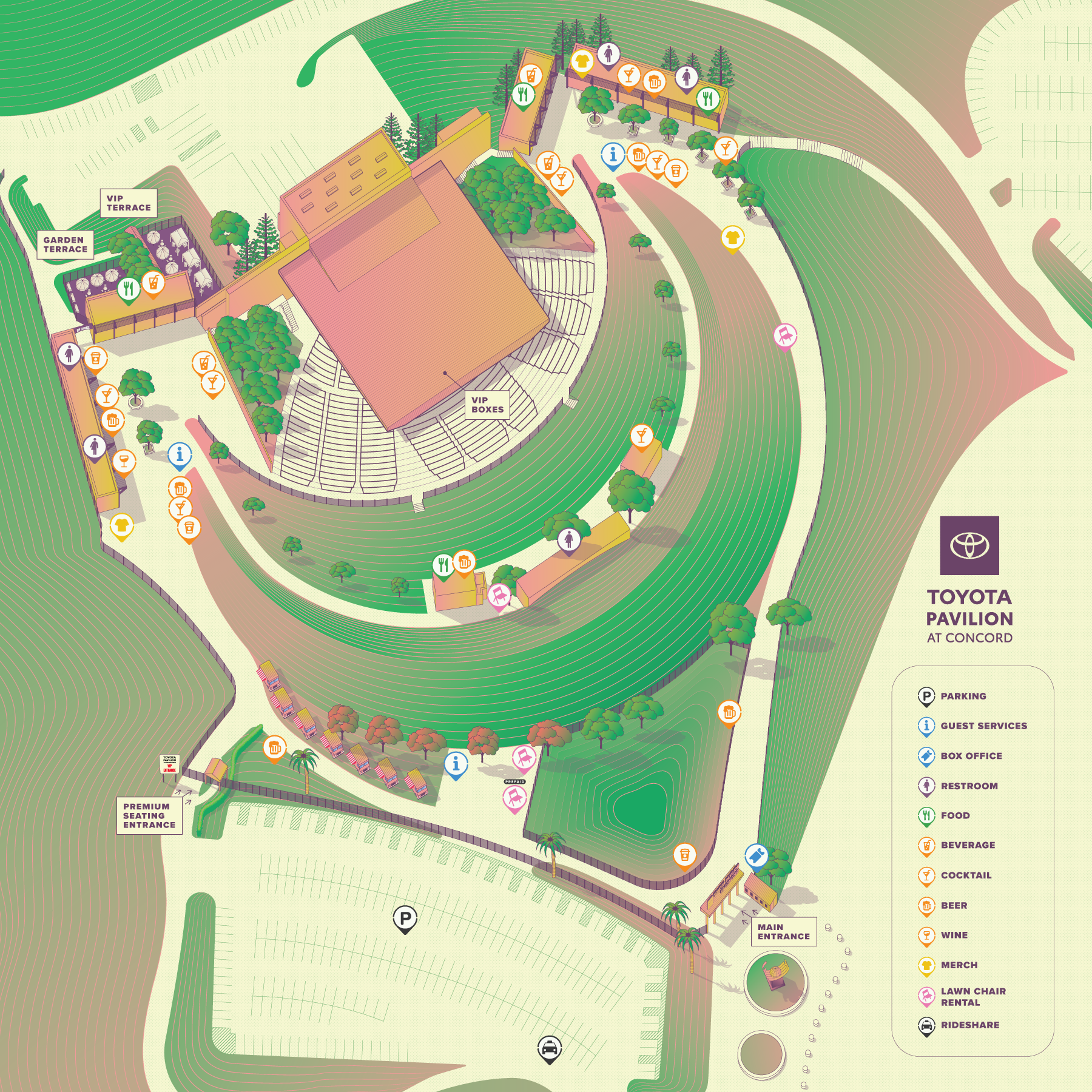 Full map of Toyota Pavilion at Concord showing locations of parking, box office, restrooms, concessions, merch, lawn chair rentals and rideshare area