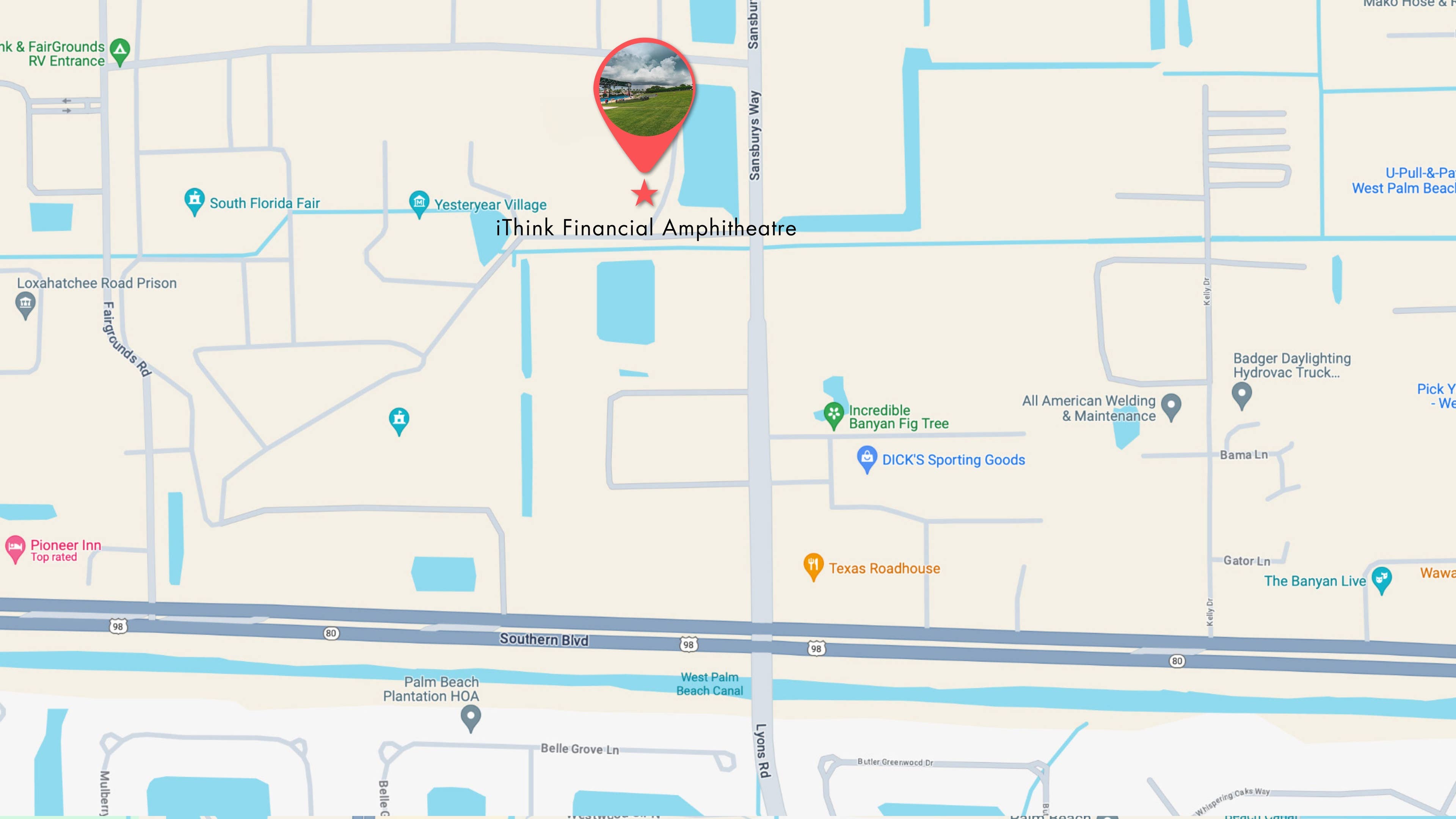 A map showing the streets surrounding iTHINK Financial Amphitheatre with an indicator pinpointing the exact location of the amphitheatre. 