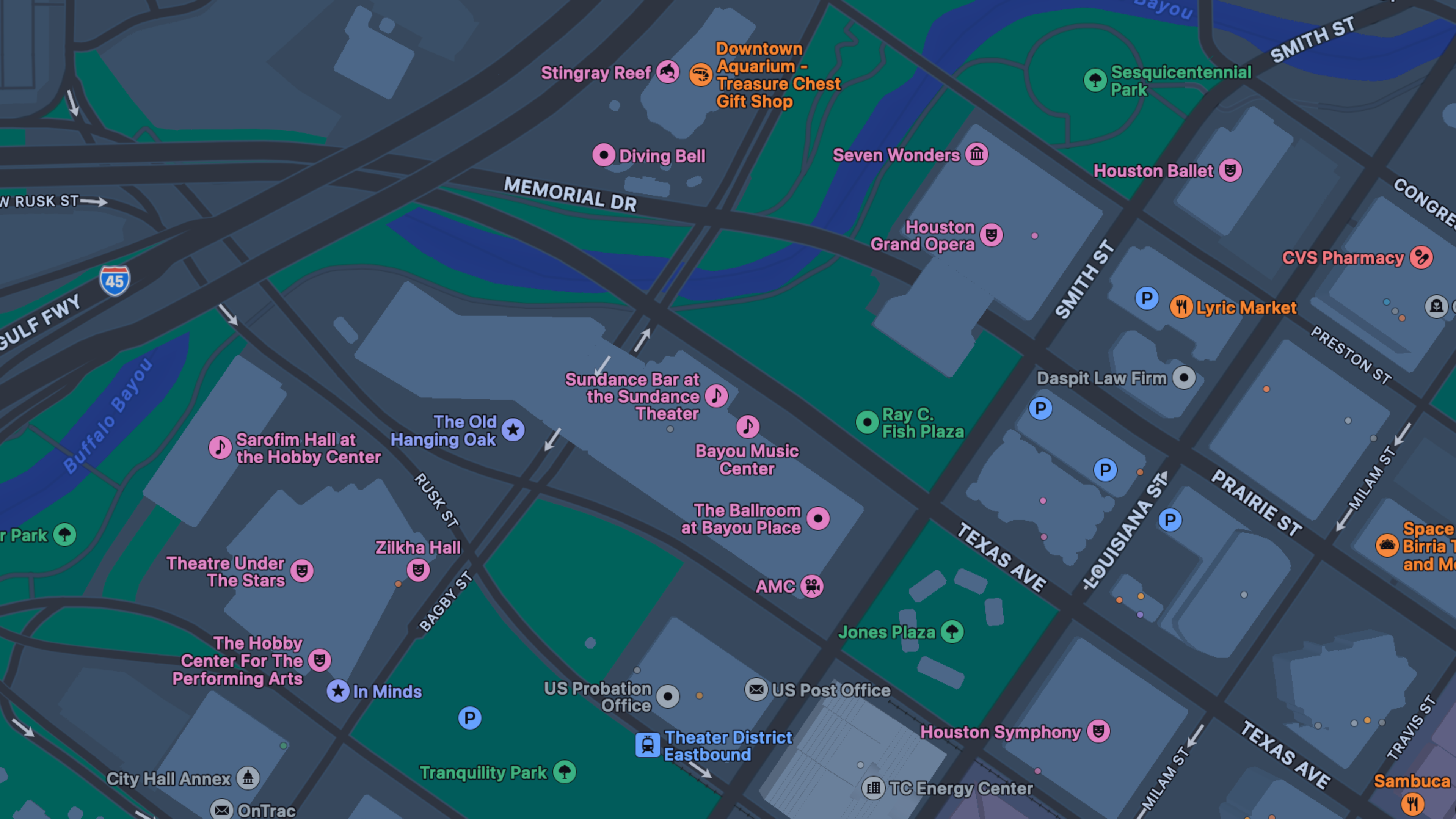 a map of the surrounding streets and a pin where Bayou Music Center is located