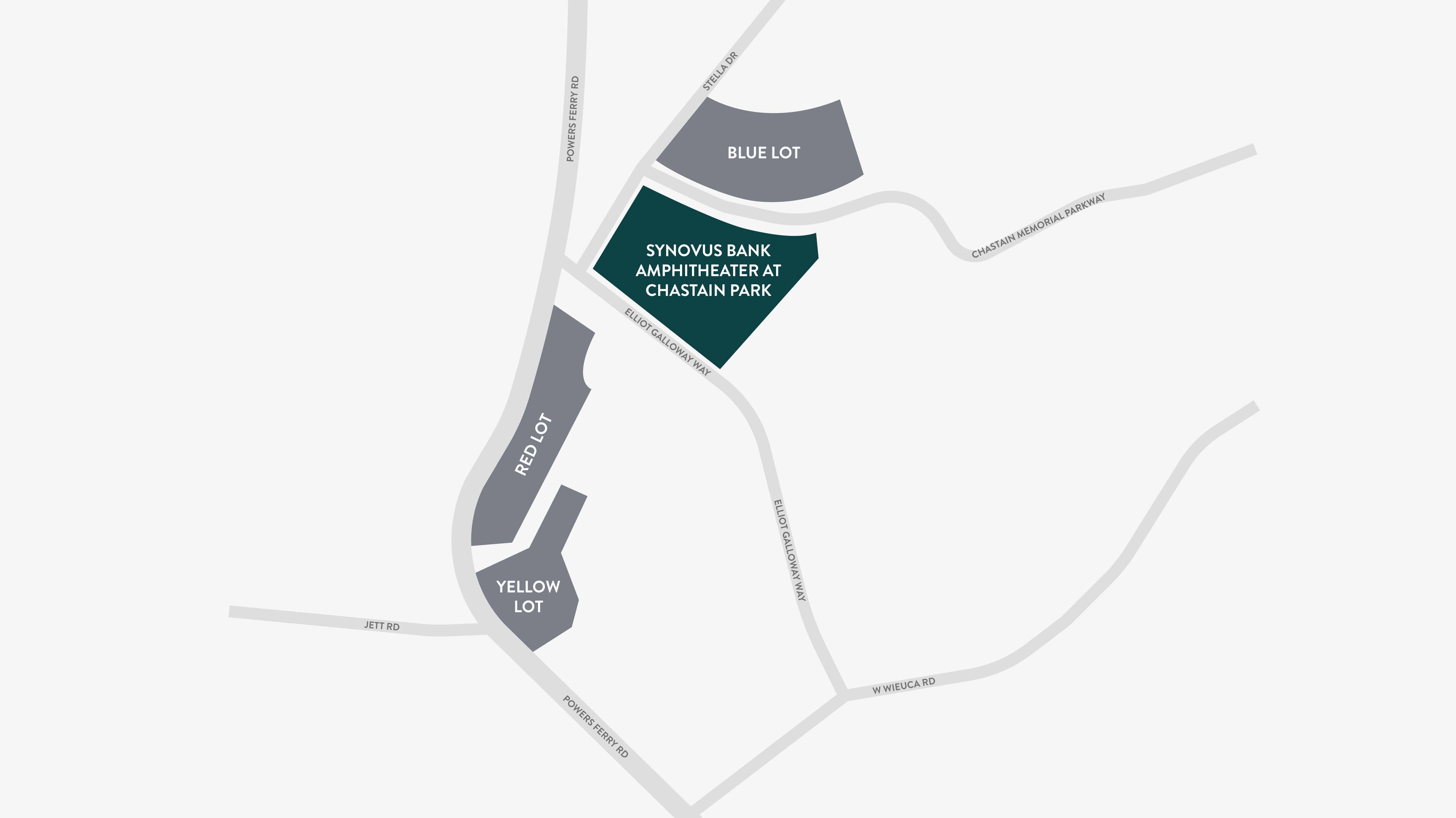 An image showing a map with the location of the parking lots at Synovus Bank Amphitheater at Chastain Park.