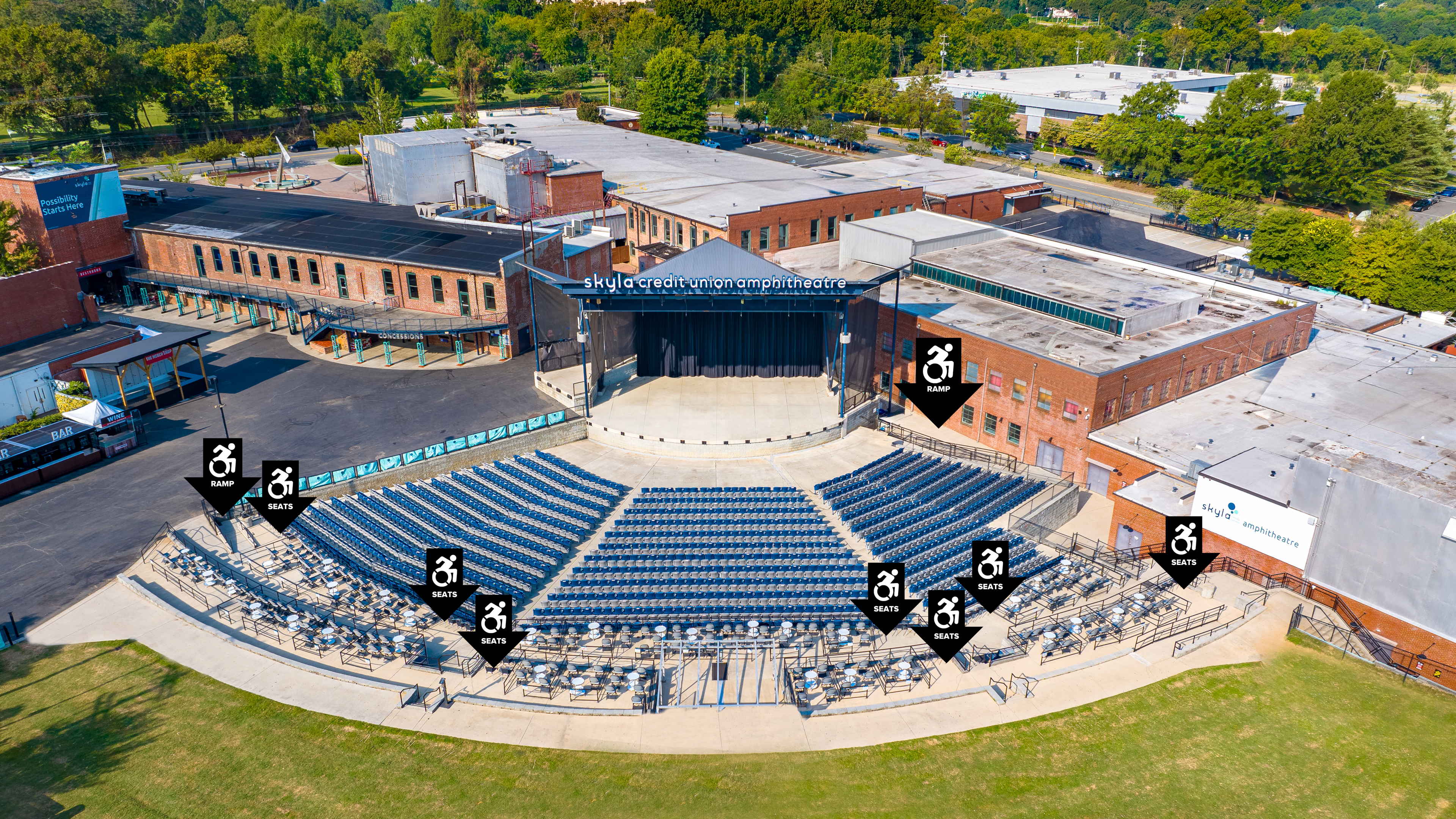 A picture of Skyla Credit Union Amphitheatre stage and seating. The photo shows where the accessibility ramp and seating are.

