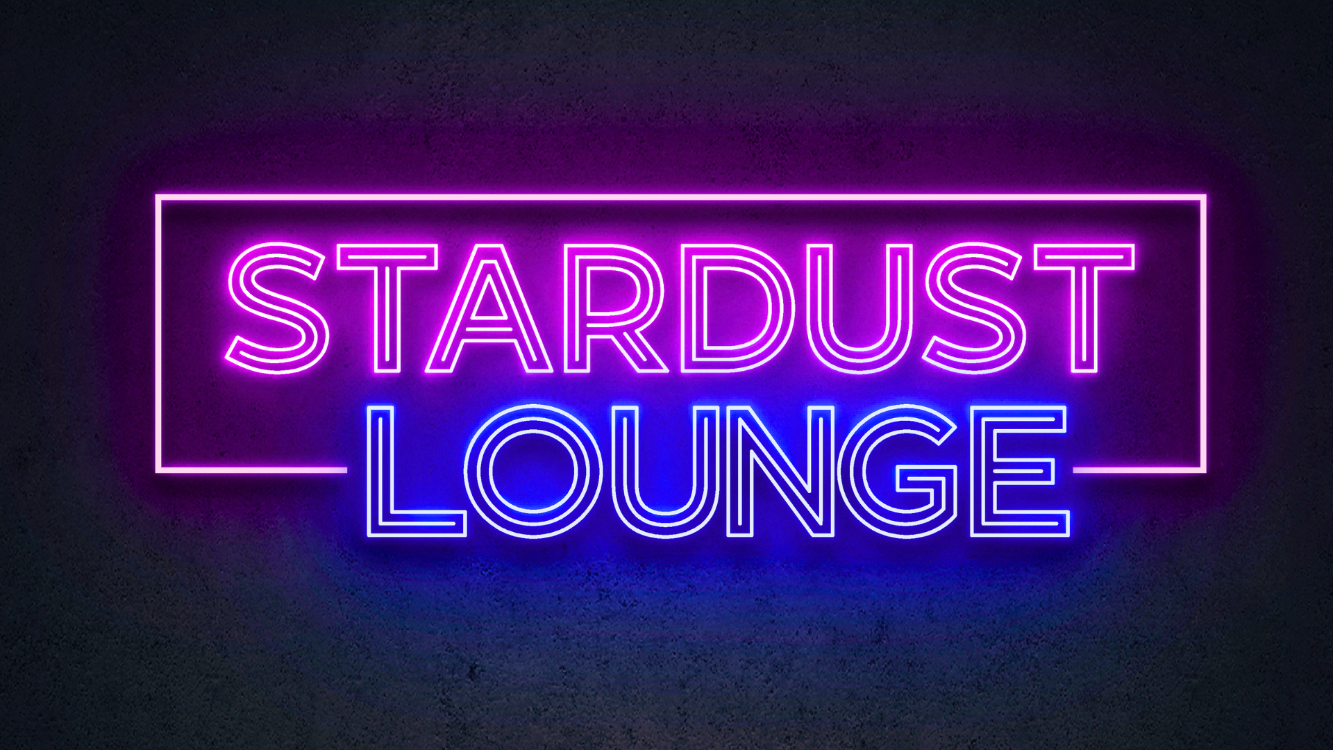 Bold neon sign reading “STARDUST LOUNGE” in pink and blue, glowing against a dark purple background.