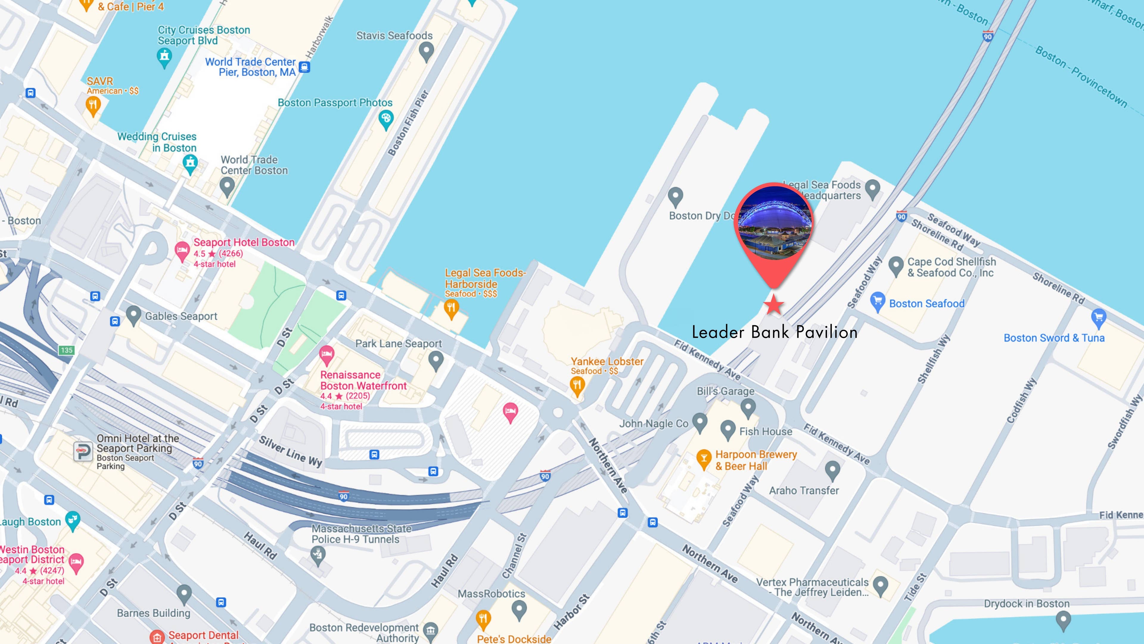 A map displaying the surrounding streets with a pin indicating the location of Leader Bank Pavilion 