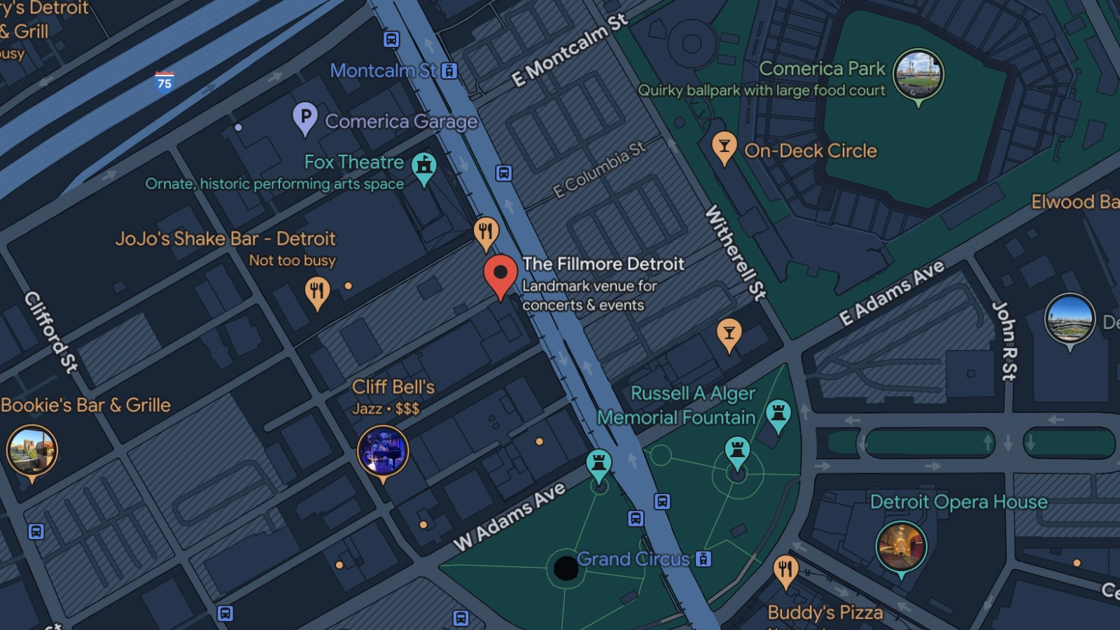 A map showing the location of The Fillmore Detroit and the surrounding area.