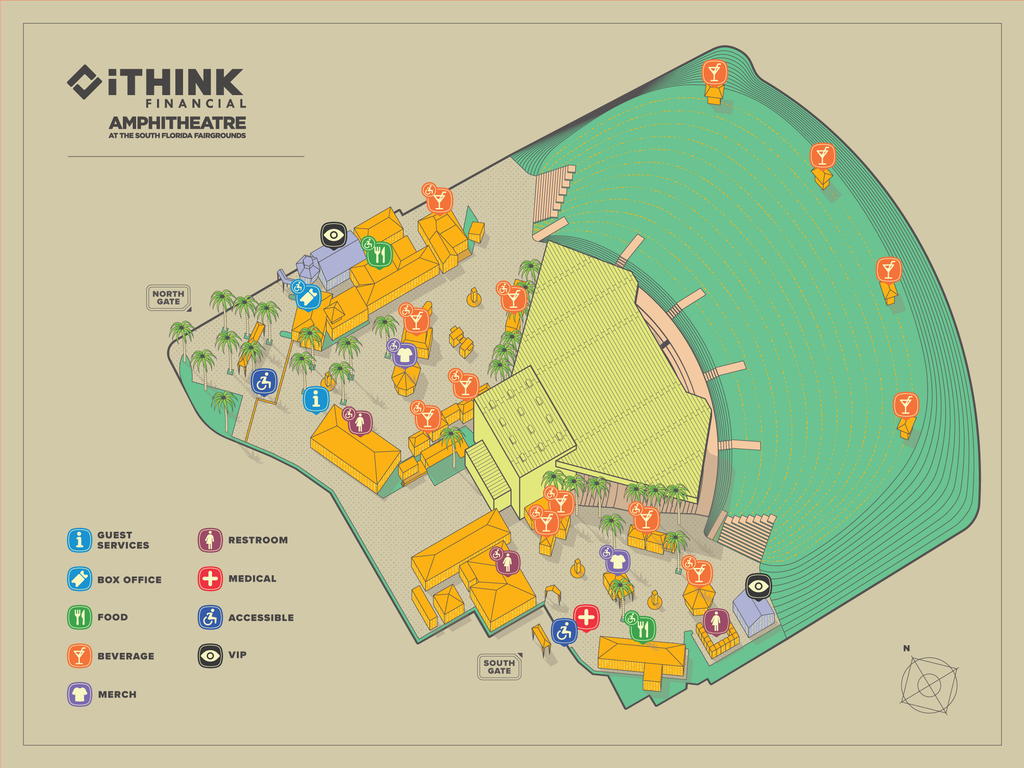 Map of the iTHINK Financial Amphitheatre showing guest services, box office, restrooms, food, beverage, medical, accessible areas, and merchandise with corresponding icons.