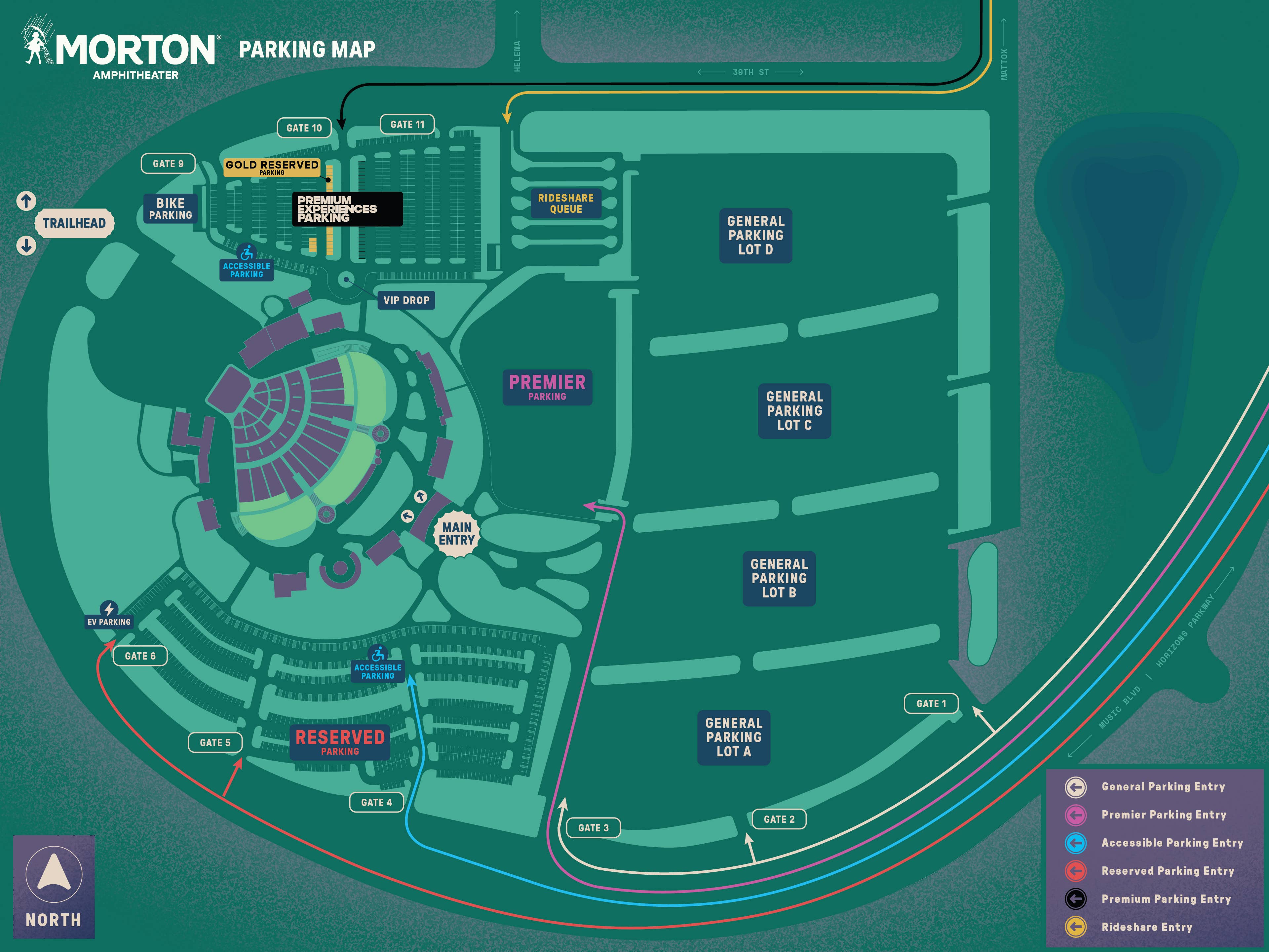 A map of the parking lots at Morton Amphitheater