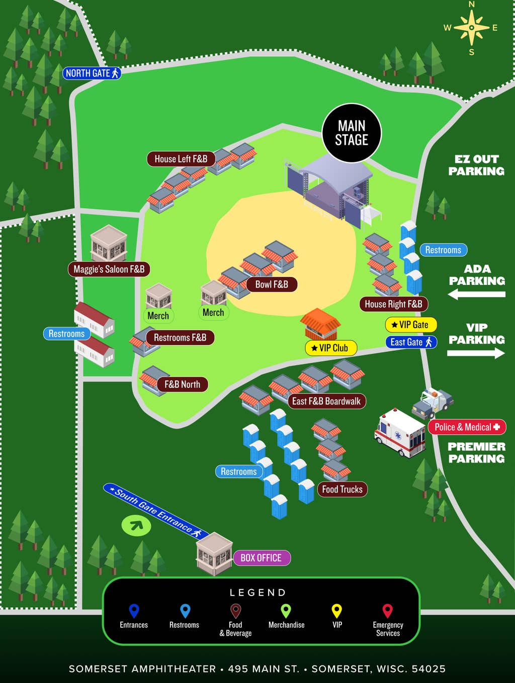 A map shows the entrances, restrooms, food & beverage stands, merch stands, VIP Club, Emergency Services and more at the amphitheater.