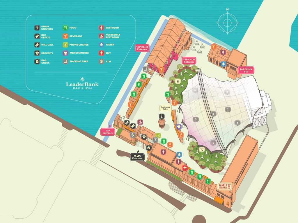 A detailed view of a venue map with icons indicating the following areas: guest services, box office, will call, security, bag check, food, beverages, phone charge, merch, smoking, restrooms, water, EMT, and ATM. 