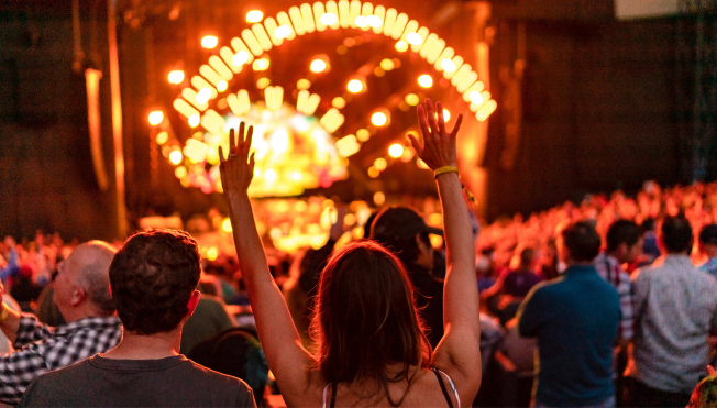 A woman raising her hands while watching a show