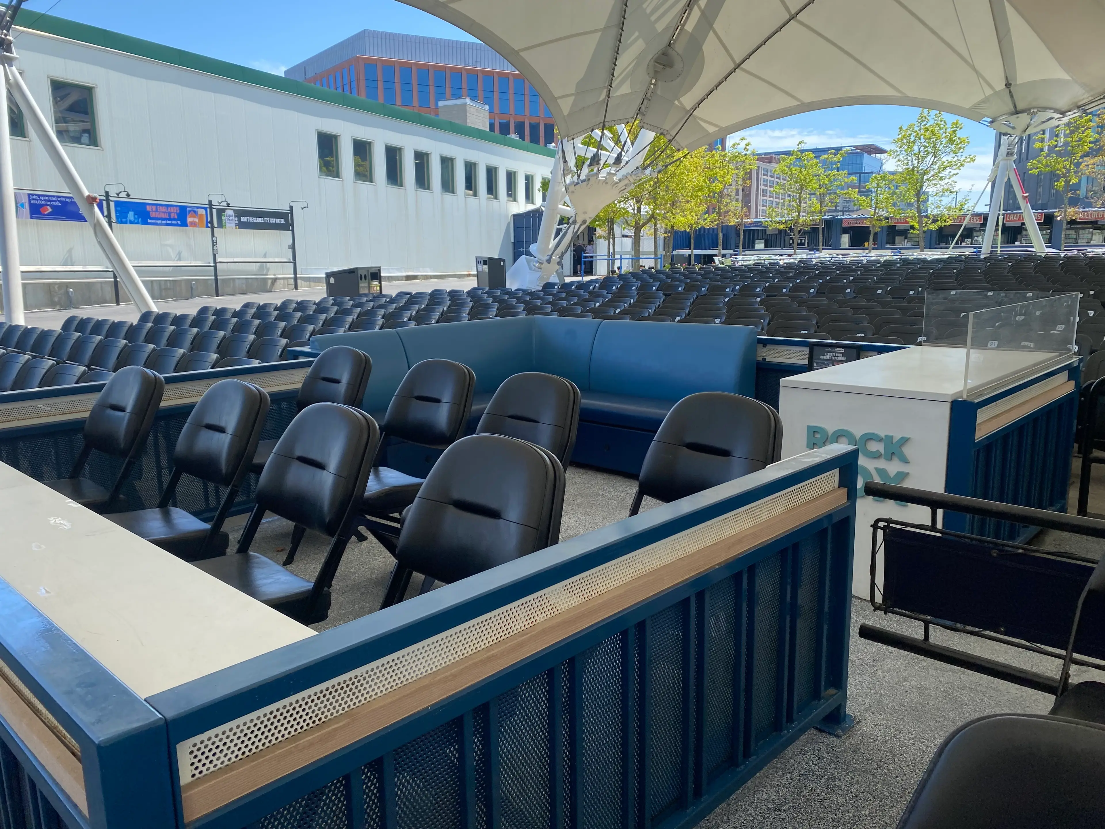 a photo of an empty Rock Box VIP seating area