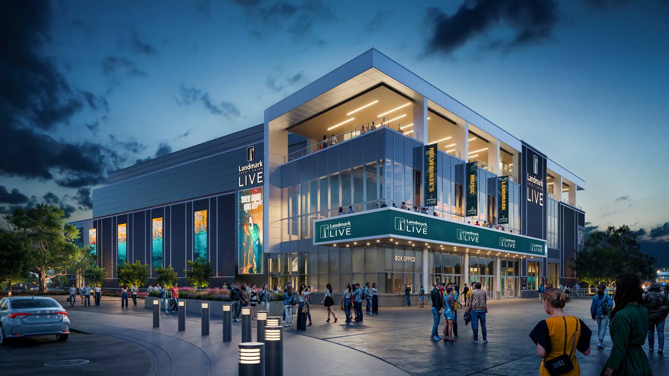 A rendering of Landmark Credit Union Live shows people walking outside the exterior of the venue.