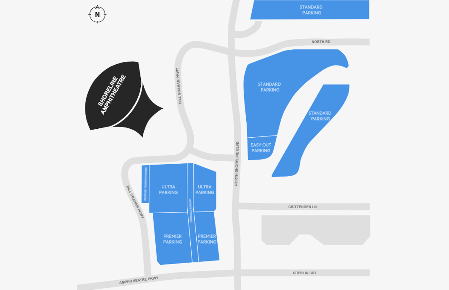 Parking map of Shoreline Amphitheatre showing where standard, ultra and premier parking are located