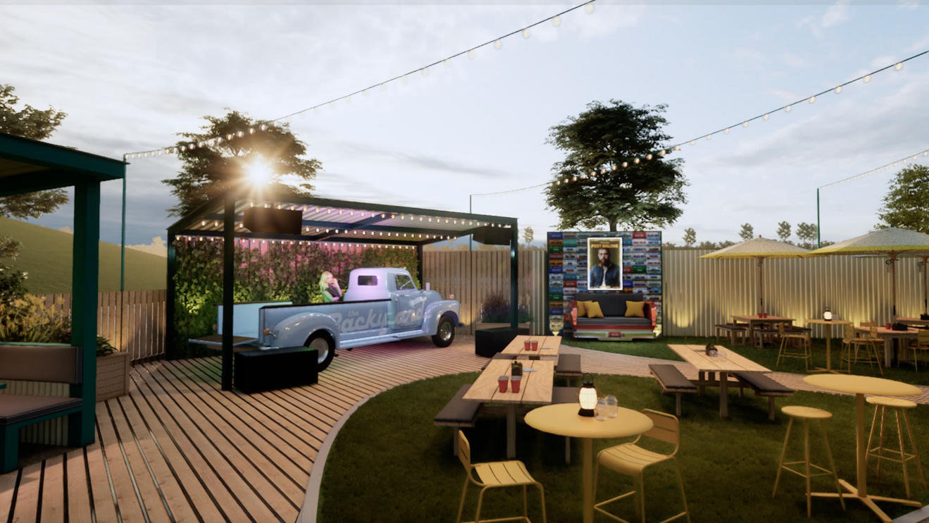 A rendering shows a DJ truck and patio furniture.