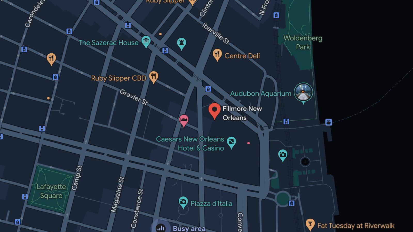A map of the streets near The Fillmore New Orleans location with a pin indicating The Fillmore New Orleans location, 